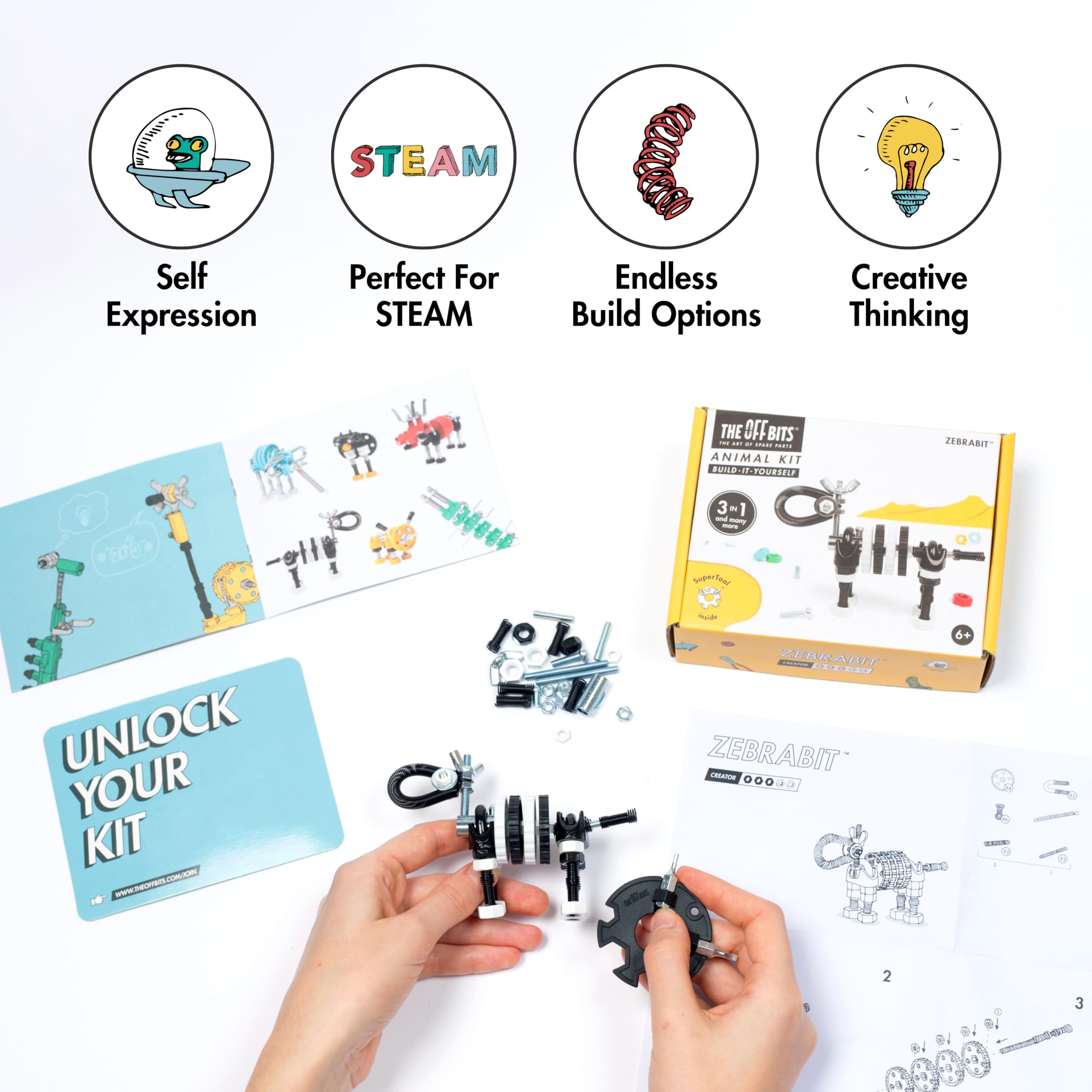The Off Bits Black Zebra Erector Set – Animal Mini STEM Building Toy for Kids 6+ with Nuts & Bolts