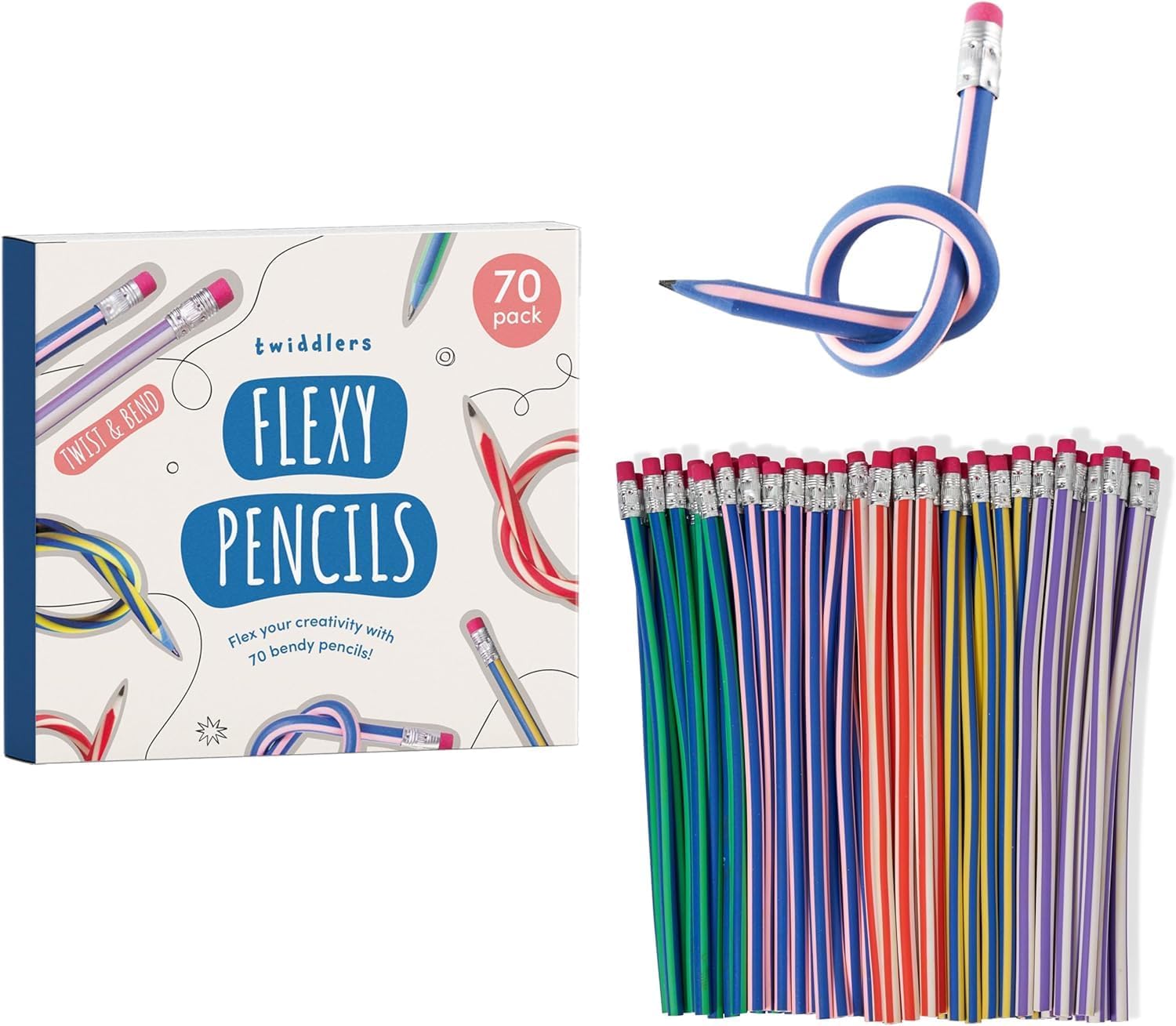 THE TWIDDLERS 70 Pack Bendy Flexible Pencils - Novelty Party Favours for Kids