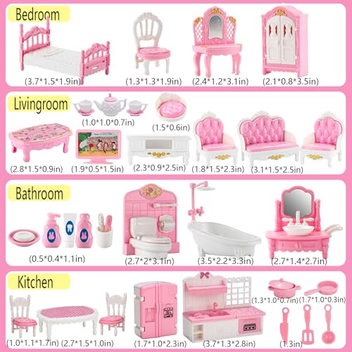Thildani 35 Pcs Dollhouse Furniture Set – Miniature 1:12 Scale Bedroom, Bathroom, Kitchen & Living Room Accessories for Toddlers 3+