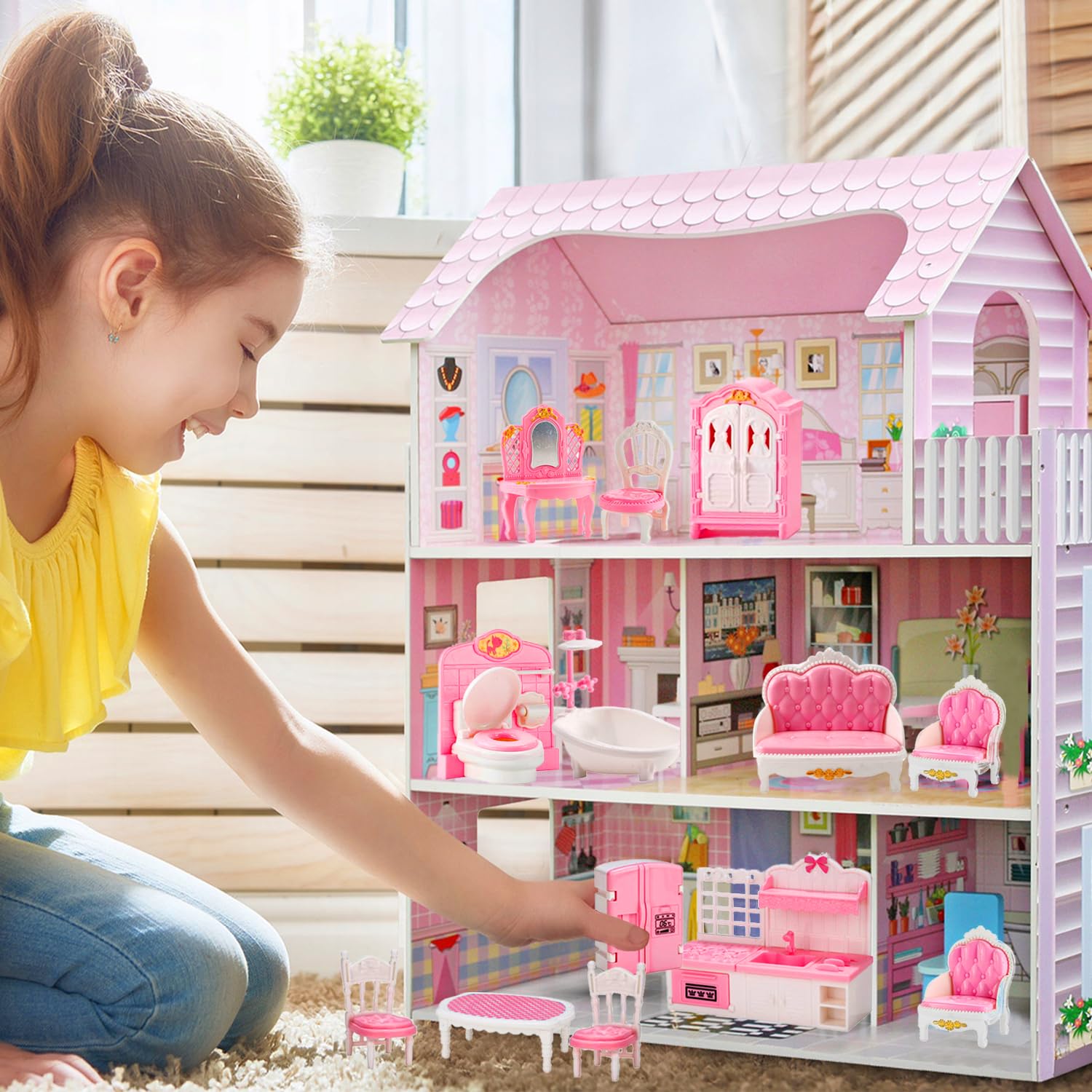 Thildani 35 Pcs Dollhouse Furniture Set – Miniature 1:12 Scale Bedroom, Bathroom, Kitchen & Living Room Accessories for Toddlers 3+