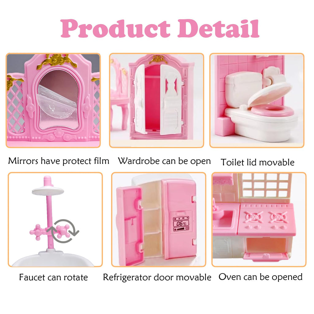 Thildani 35 Pcs Dollhouse Furniture Set – Miniature 1:12 Scale Bedroom, Bathroom, Kitchen & Living Room Accessories for Toddlers 3+