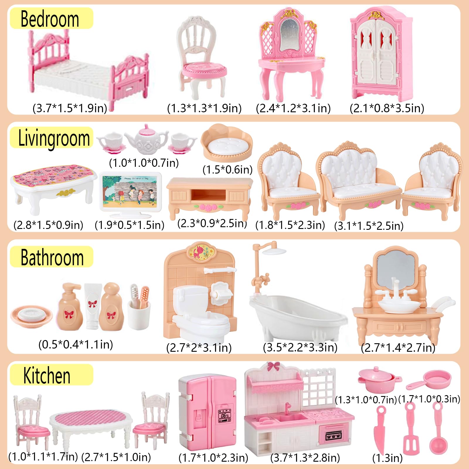 Thildani 35-Piece Dollhouse Furniture Set – 1:12 Scale Miniature for Bedroom, Bathroom, Living Room & Kitchen