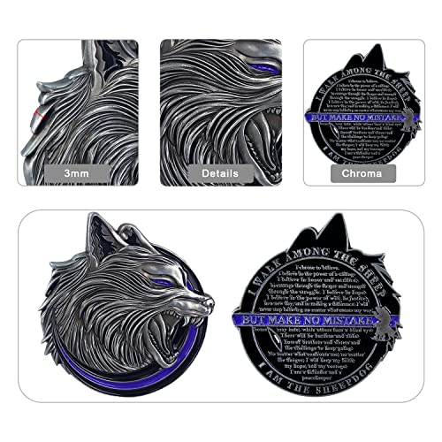 Thin Blue Line Police Sheepdog Challenge Coin – Wolf Head Shape, Imasoner