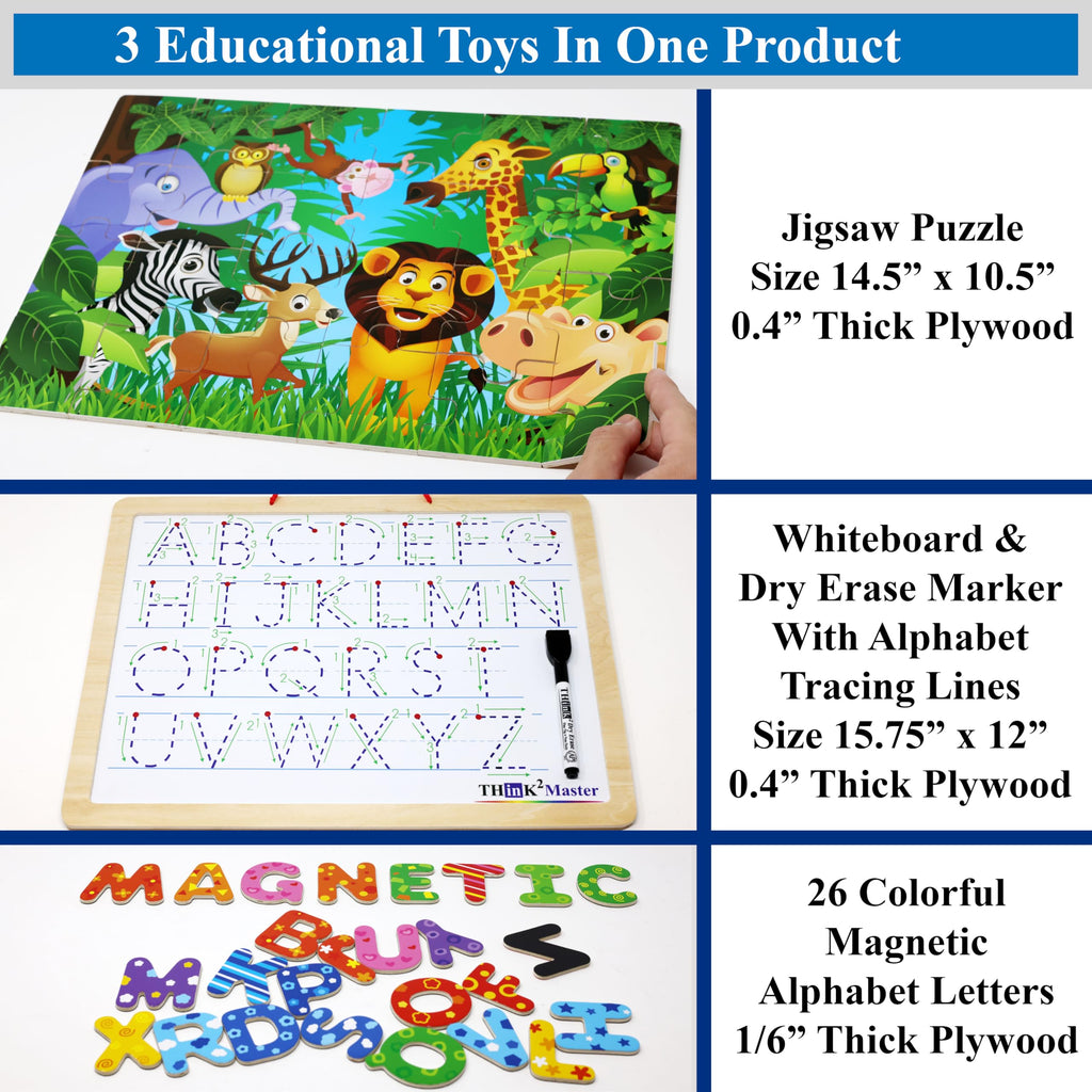 THINK2MASTER Alphabet Animal Puzzle – 14.5” x 10.5” Wooden Learning Set