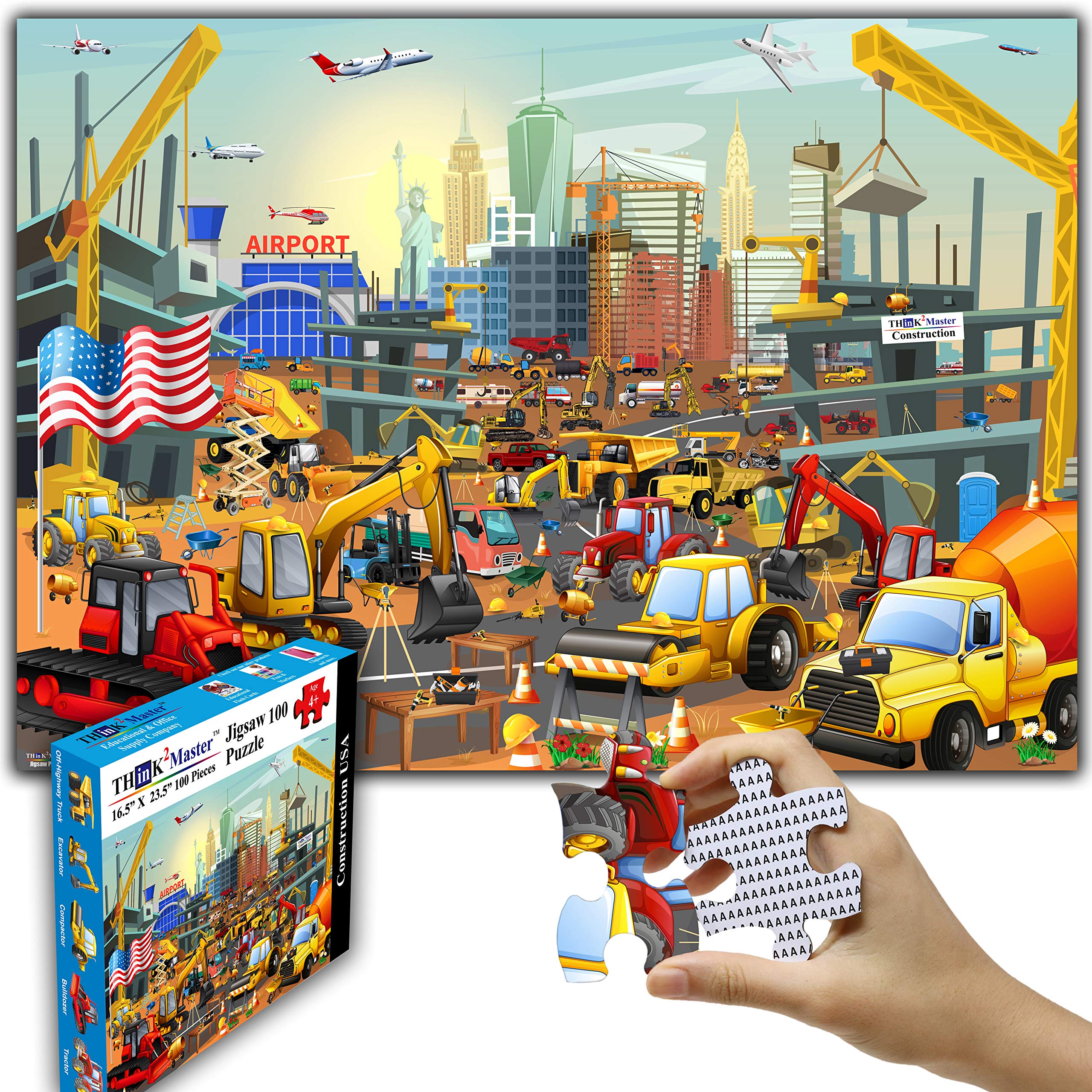 Think2Master Construction in New York City 100-Piece Jigsaw Puzzle – Family Fun with Bulldozers, Excavators & More