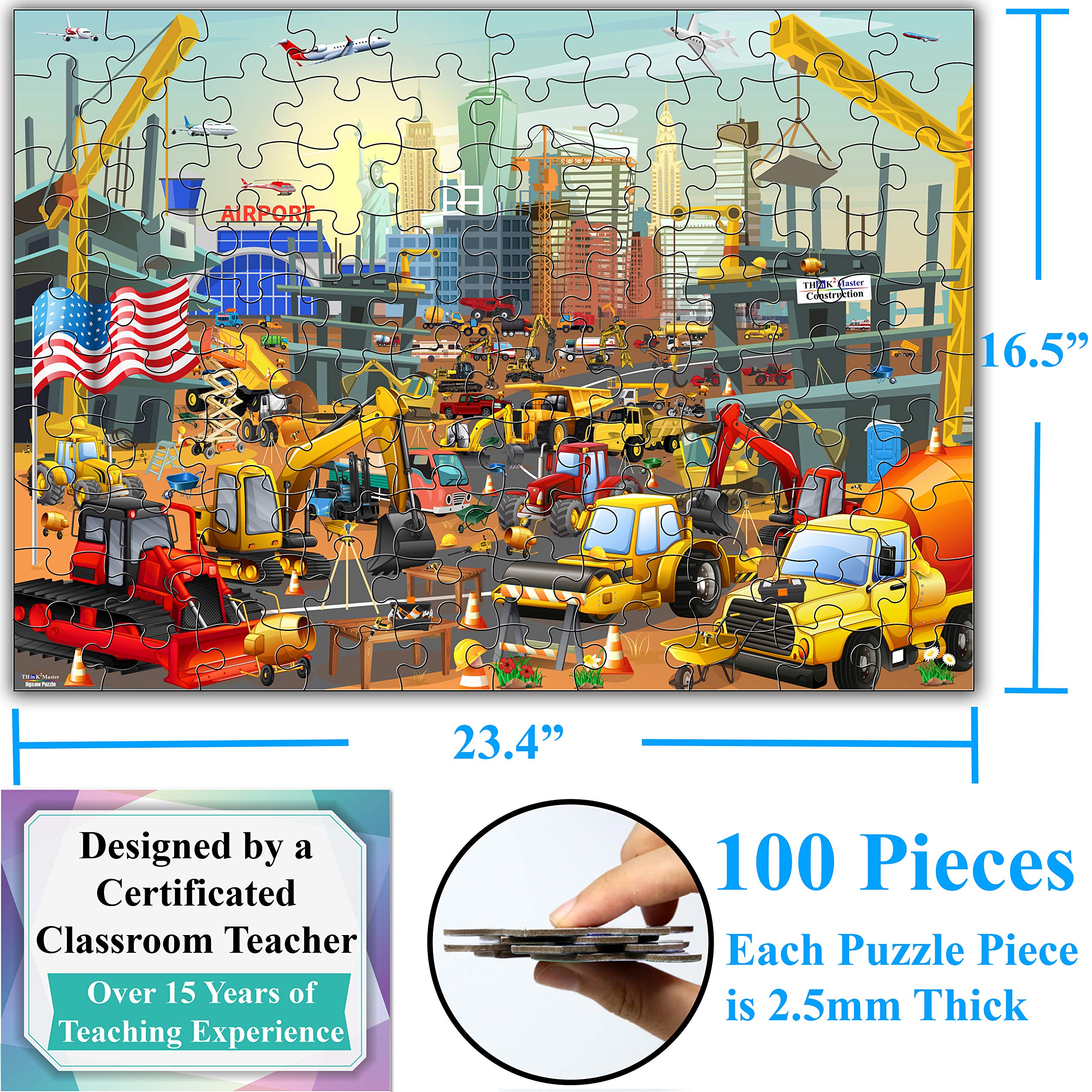 Think2Master Construction in New York City 100-Piece Jigsaw Puzzle – Family Fun with Bulldozers, Excavators & More