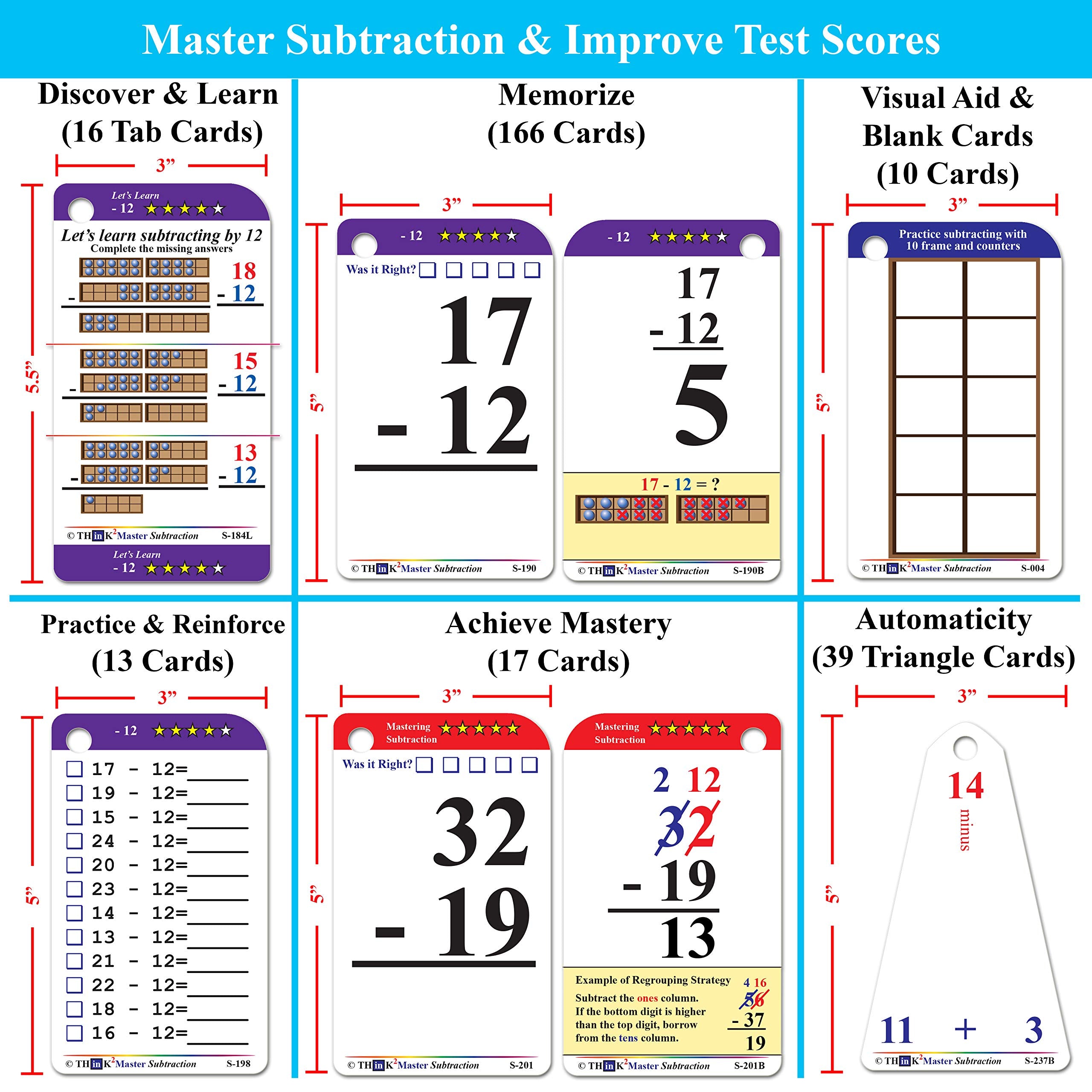 Think2Master Subtraction Flash Cards - 260 Laminated Cards with Counters and Triangle Cards for PreK-1st Grade
