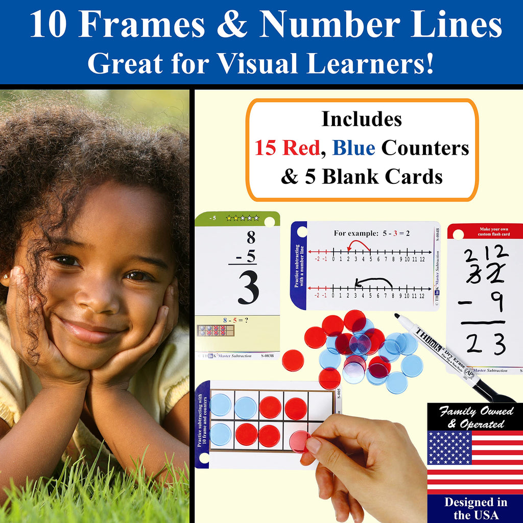 Think2Master Subtraction Flash Cards - 260 Laminated Cards with Counters and Triangle Cards for PreK-1st Grade
