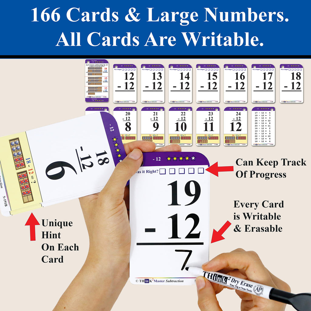 Think2Master Subtraction Flash Cards - 260 Laminated Cards with Counters and Triangle Cards for PreK-1st Grade