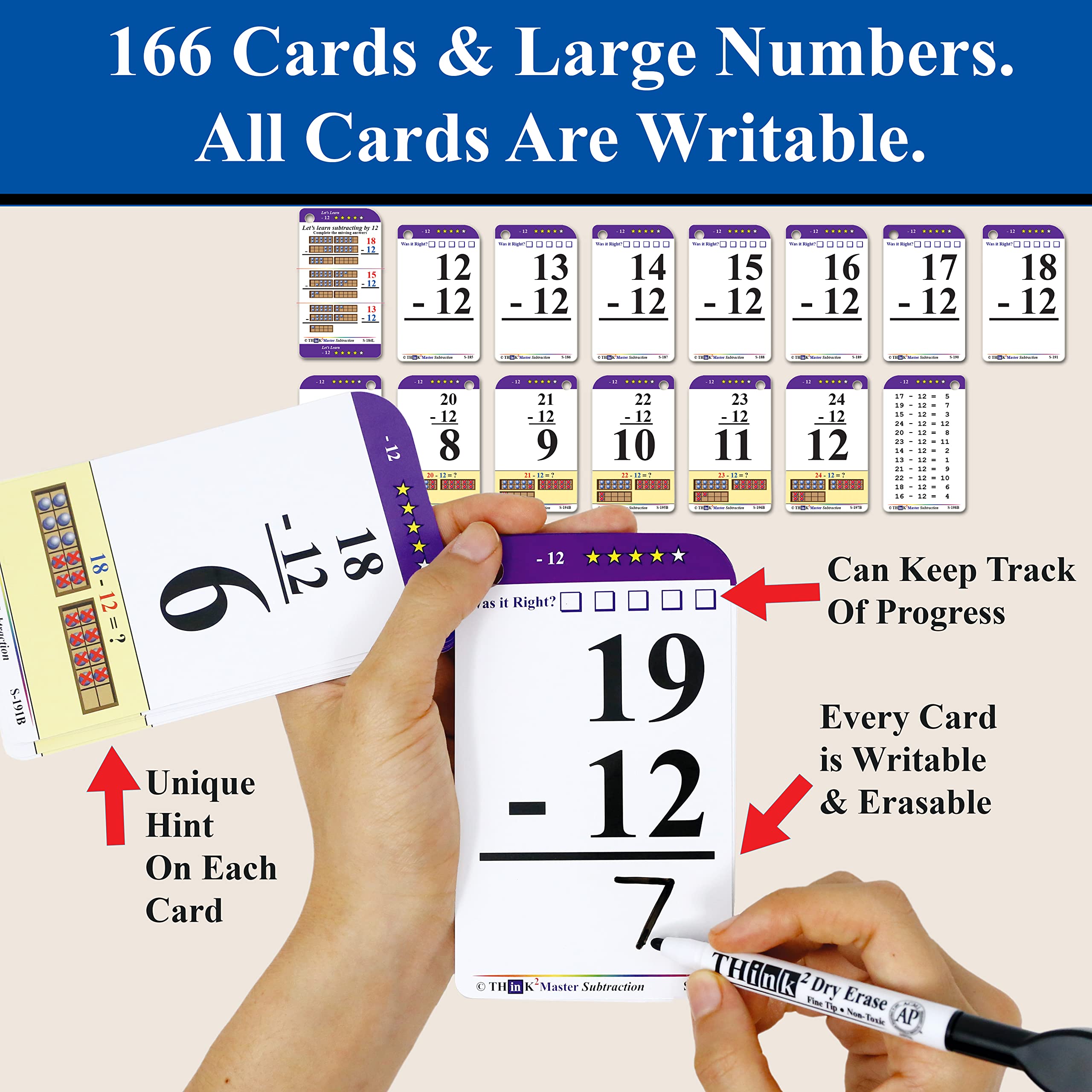 Think2Master Subtraction Flash Cards - 260 Laminated Cards with Counters and Triangle Cards for PreK-1st Grade