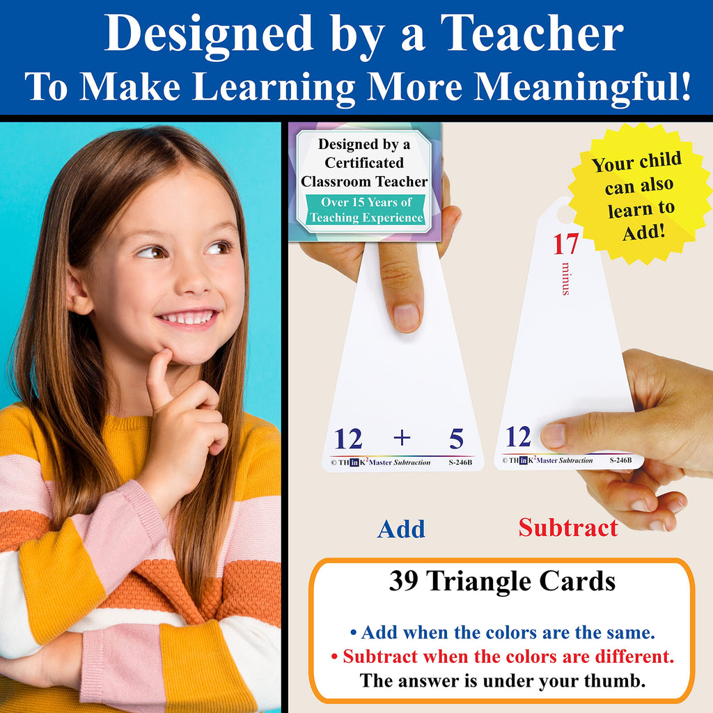 Think2Master Subtraction Flash Cards - 260 Laminated Cards with Counters and Triangle Cards for PreK-1st Grade