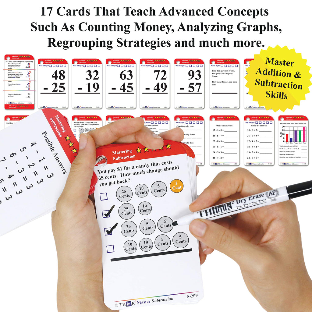 Think2Master Subtraction Flash Cards - 260 Laminated Cards with Counters and Triangle Cards for PreK-1st Grade