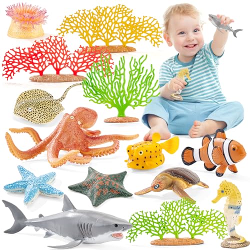 THINKBAY 14-Piece Realistic Ocean Animal Toy Set - Soft Plastic Sea Creatures for Kids Ages 3-8