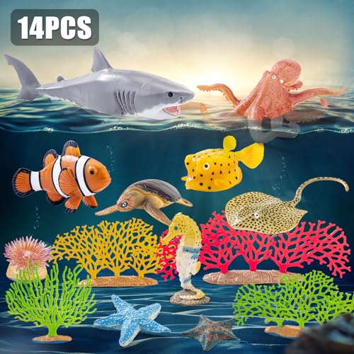 THINKBAY 14-Piece Realistic Ocean Animal Toy Set - Soft Plastic Sea Creatures for Kids Ages 3-8