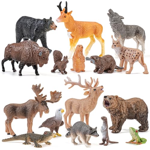 THINKBAY 16PCS Mini North American Forest Animals Figurines - Realistic Wolf, Bear, Bison, Reindeer & More - Educational Toy Set for Kids