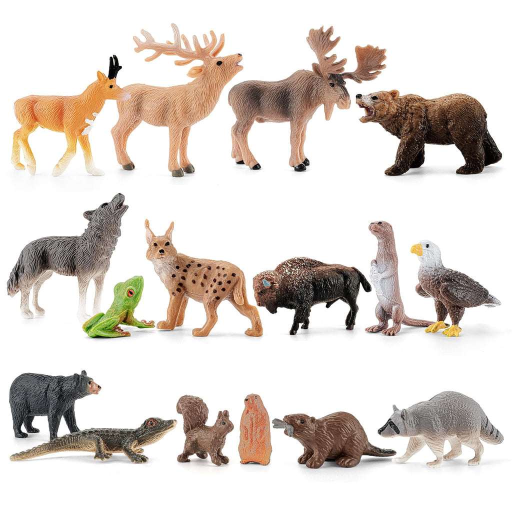 THINKBAY 16PCS Mini North American Forest Animals Figurines - Realistic Wolf, Bear, Bison, Reindeer & More - Educational Toy Set for Kids