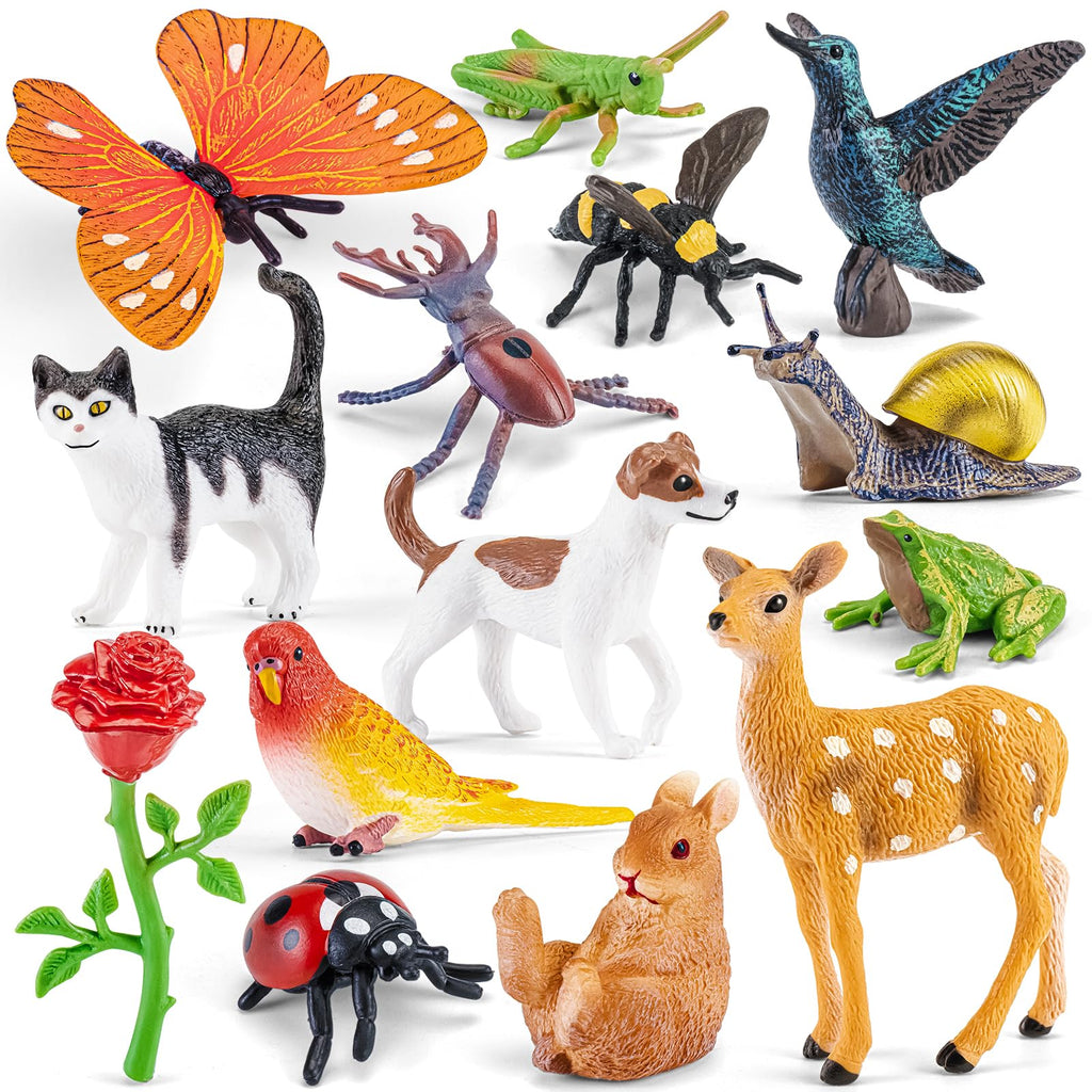 THINKBAY Realistic Animal Figurines Set - 14 Pieces of Insects, Birds, Mammals & Reptiles for Kids Educational Play and Nature Exploration