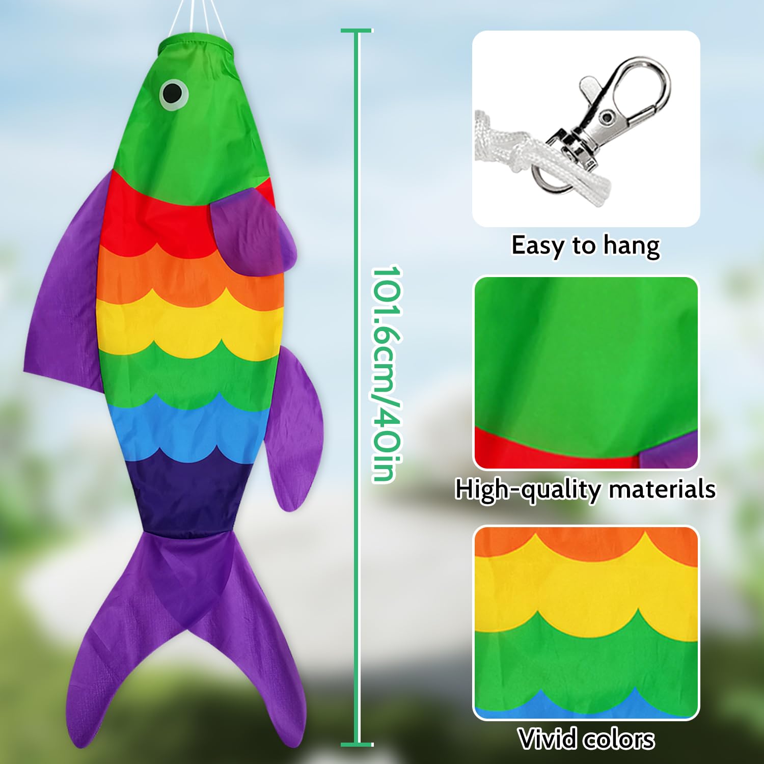 THQZLH 40-Inch Rainbow Fish Windsock – Heavy Duty Outdoor Wind Sock for Garden, Patio, Deck, Boat