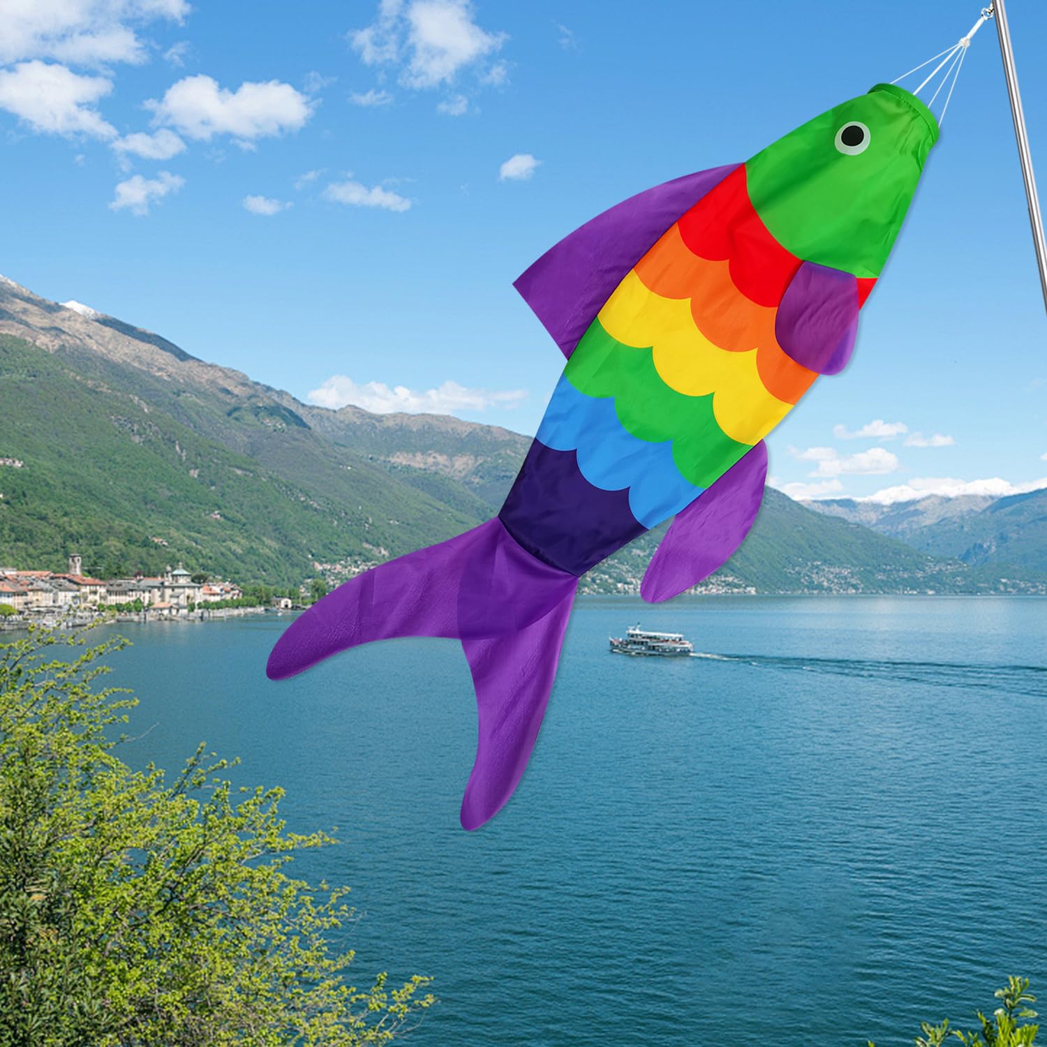 THQZLH 40-Inch Rainbow Fish Windsock – Heavy Duty Outdoor Wind Sock for Garden, Patio, Deck, Boat