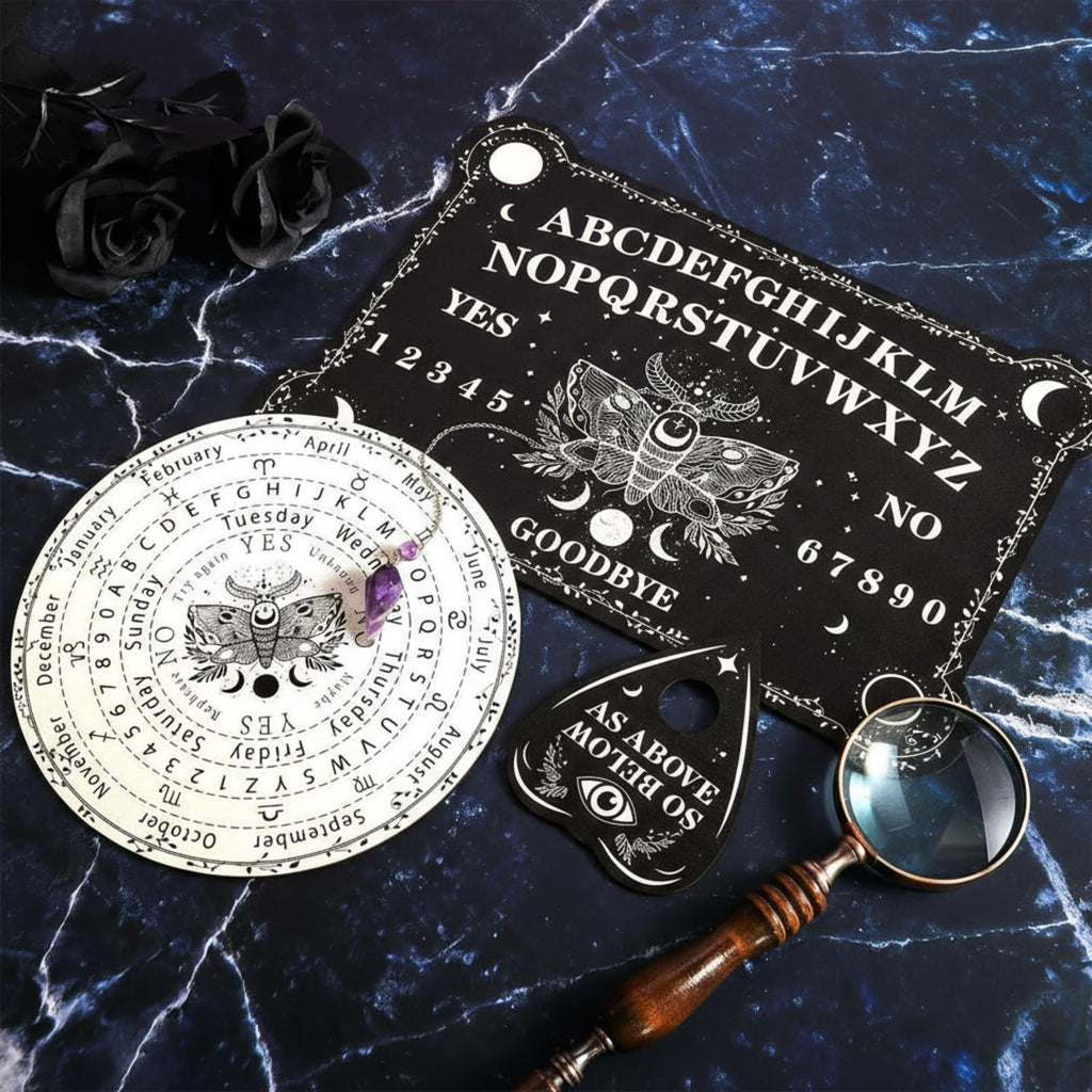 Threan Pendulum Dowsing Board Set with Amethyst – Wooden Spirit Talking Board & Planchette for Divination