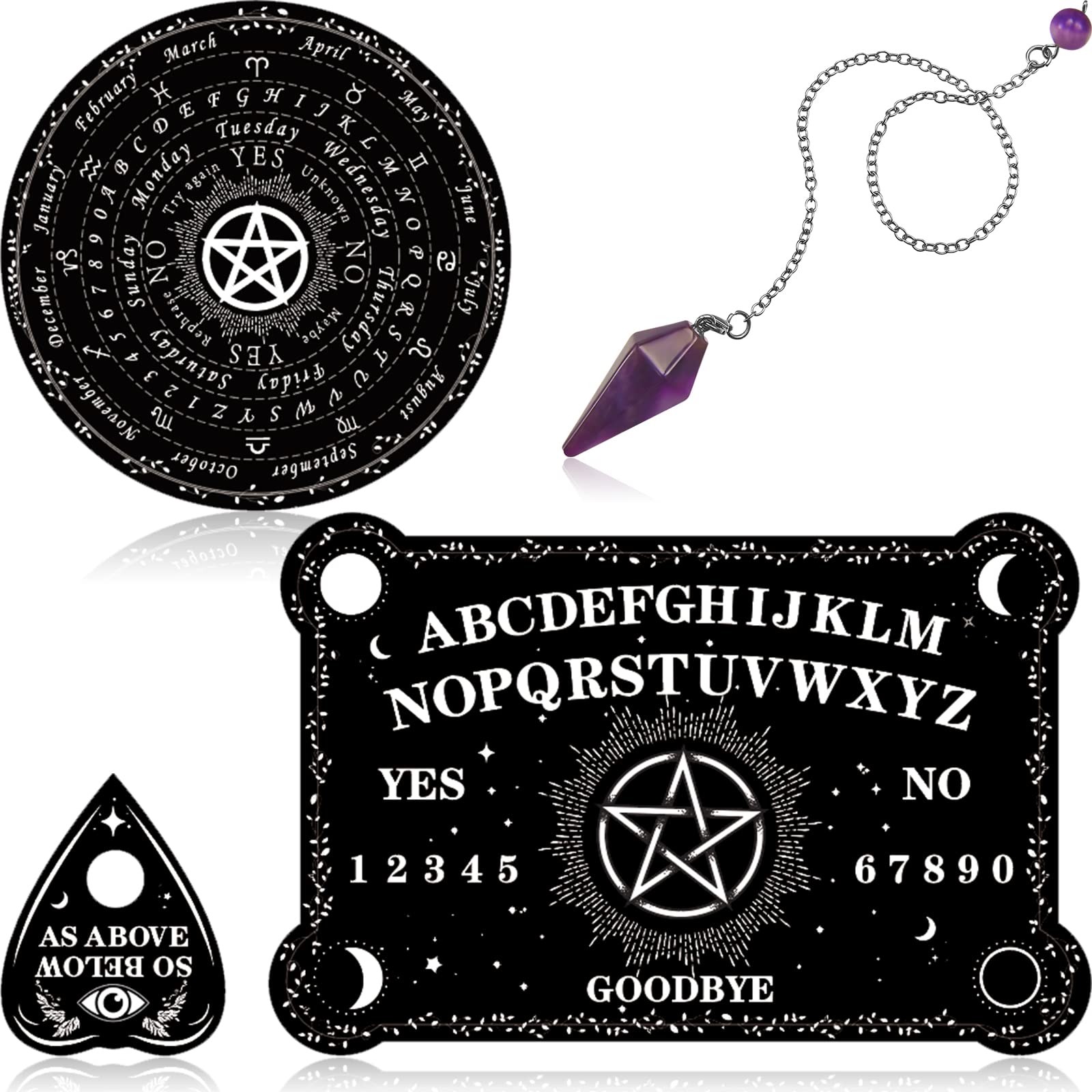 Threan Wooden Pendulum Board with Amethyst Crystal and Planchette – Divination Tool with Letters, Numbers, Constellations