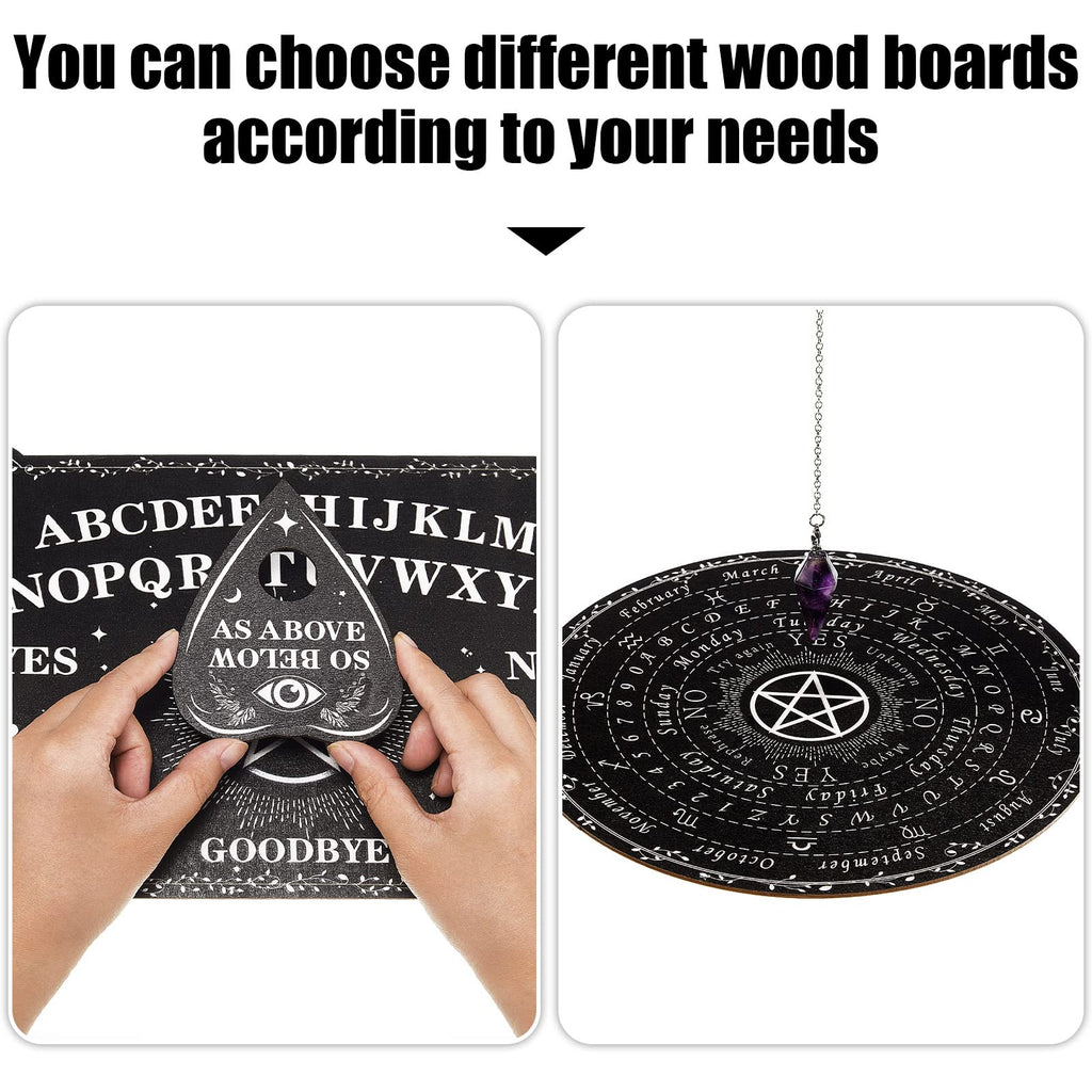 Threan Wooden Pendulum Board with Amethyst Crystal and Planchette – Divination Tool with Letters, Numbers, Constellations