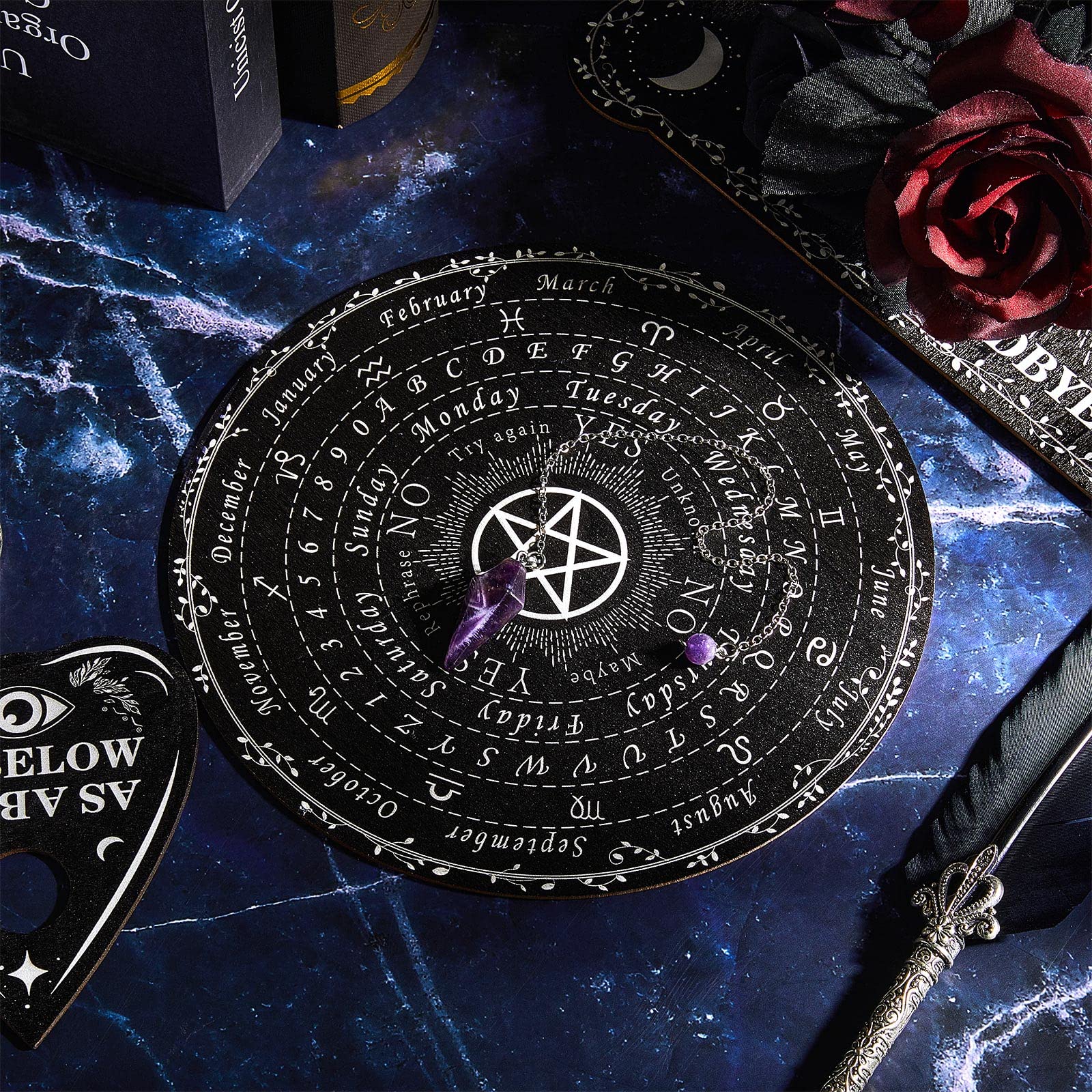 Threan Wooden Pendulum Board with Amethyst Crystal and Planchette – Divination Tool with Letters, Numbers, Constellations
