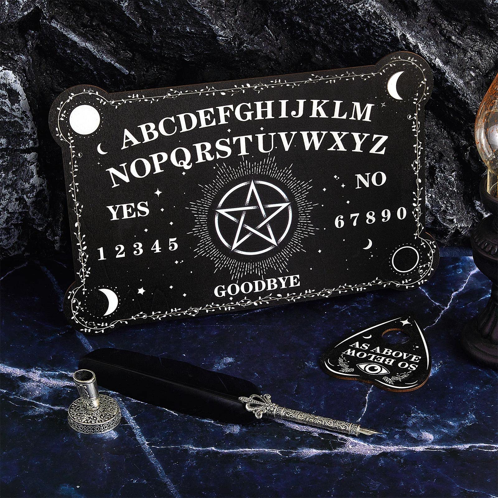 Threan Wooden Pendulum Board with Amethyst Crystal and Planchette – Divination Tool with Letters, Numbers, Constellations