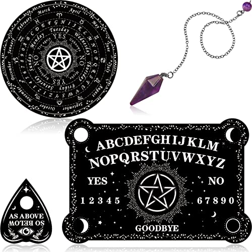 Threan Wooden Pendulum Board with Amethyst Crystal and Planchette – Divination Tool with Letters, Numbers, Constellations