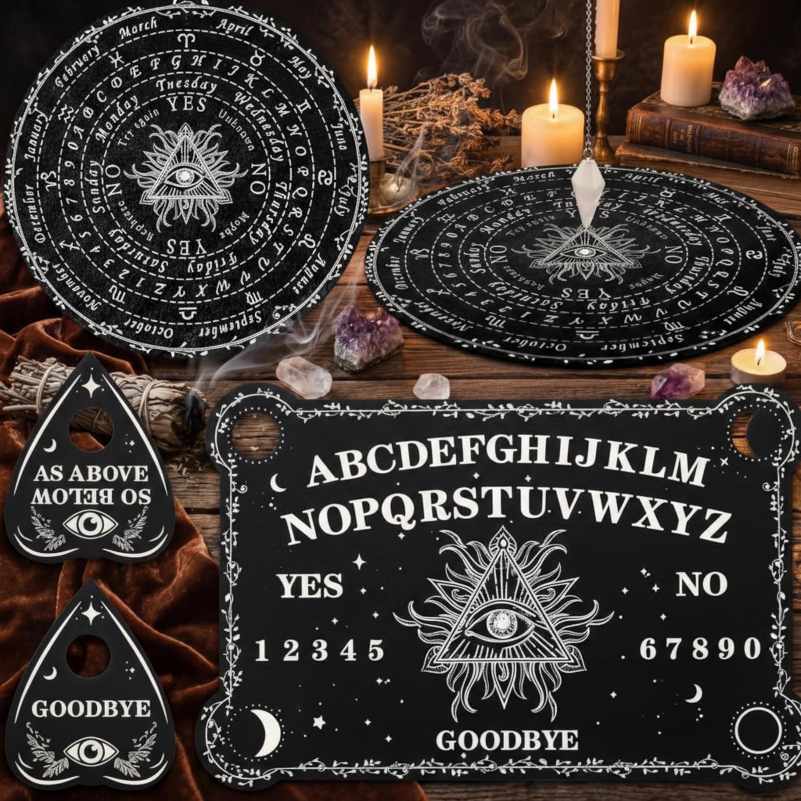 Threan Wooden Pendulum Dowsing Divination Board with Amethyst Crystal Necklace - Spirit Talking Board with Planchette for Wiccan Supplies (Eye Style)