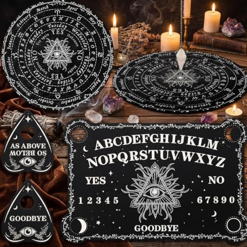 Threan Wooden Pendulum Dowsing Divination Board with Amethyst Crystal Necklace - Spirit Talking Board with Planchette for Wiccan Supplies (Eye Style)