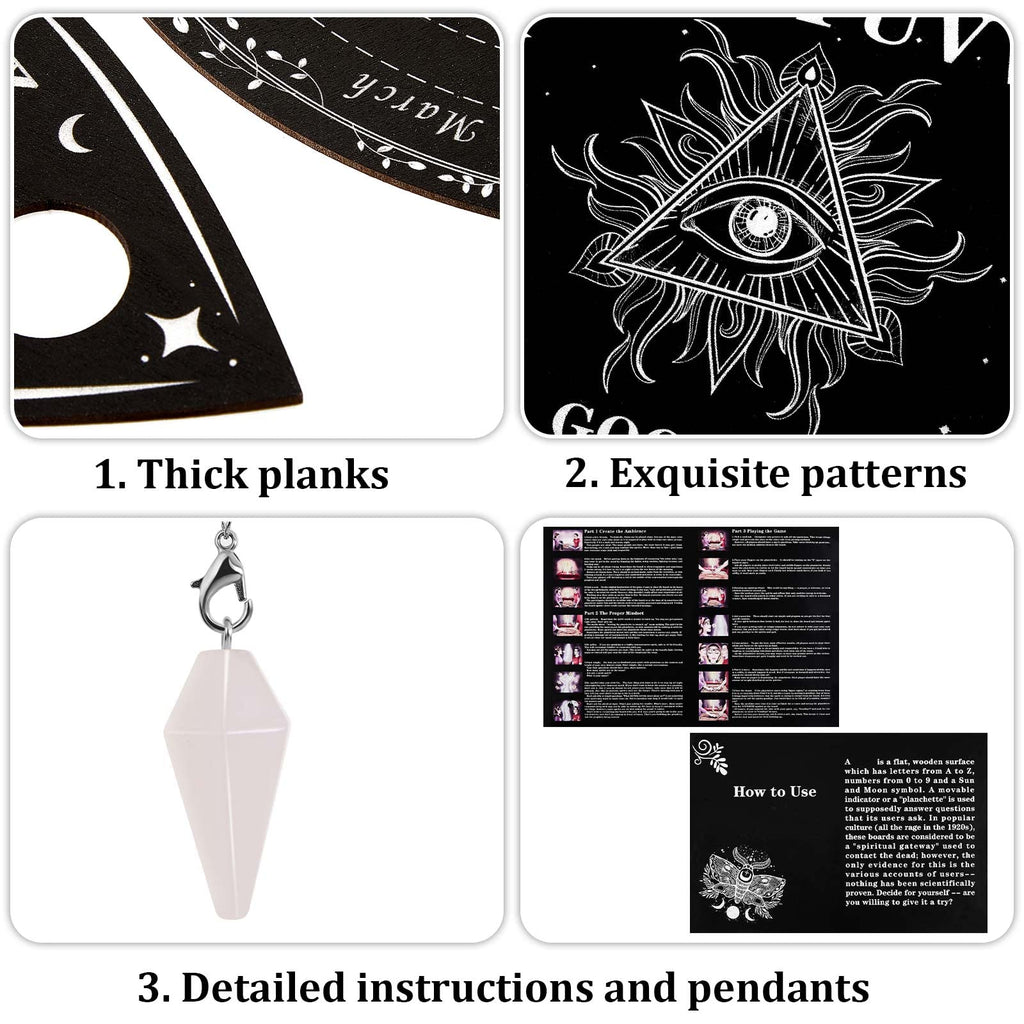 Threan Wooden Pendulum Dowsing Divination Board with Amethyst Crystal Necklace - Spirit Talking Board with Planchette for Wiccan Supplies (Eye Style)