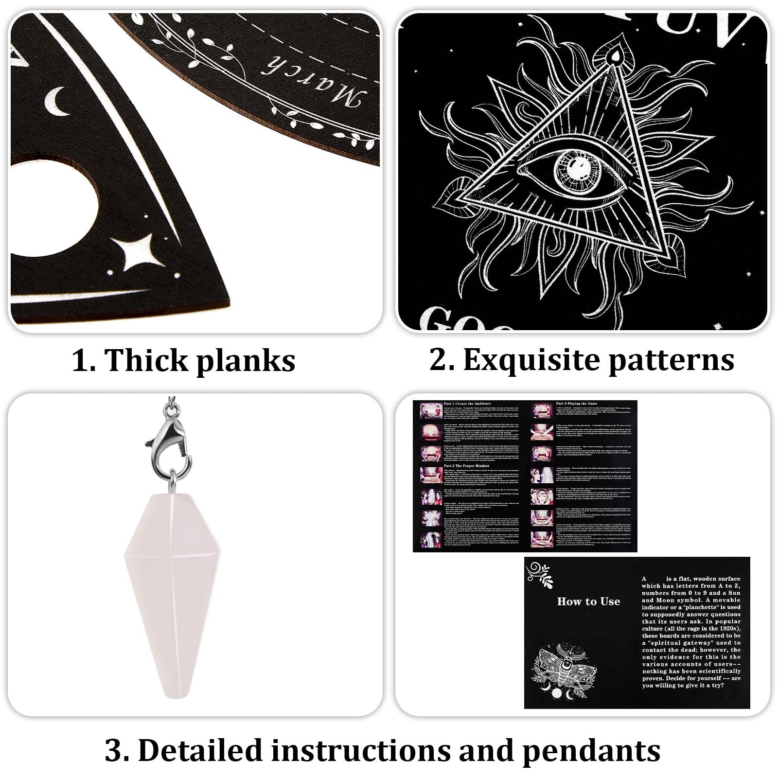 Threan Wooden Pendulum Dowsing Divination Board with Amethyst Crystal Necklace - Spirit Talking Board with Planchette for Wiccan Supplies (Eye Style)