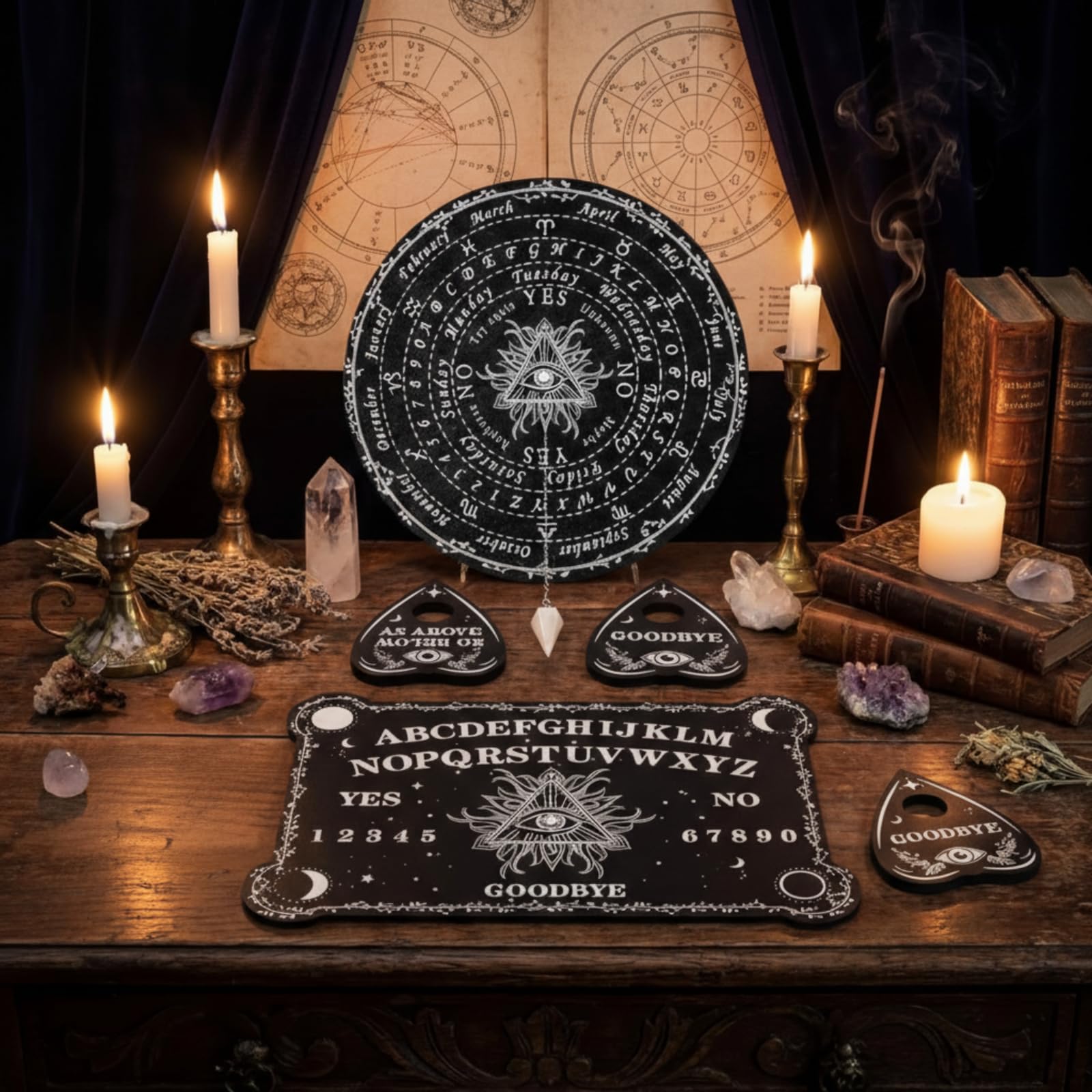 Threan Wooden Pendulum Dowsing Divination Board with Amethyst Crystal Necklace - Spirit Talking Board with Planchette for Wiccan Supplies (Eye Style)
