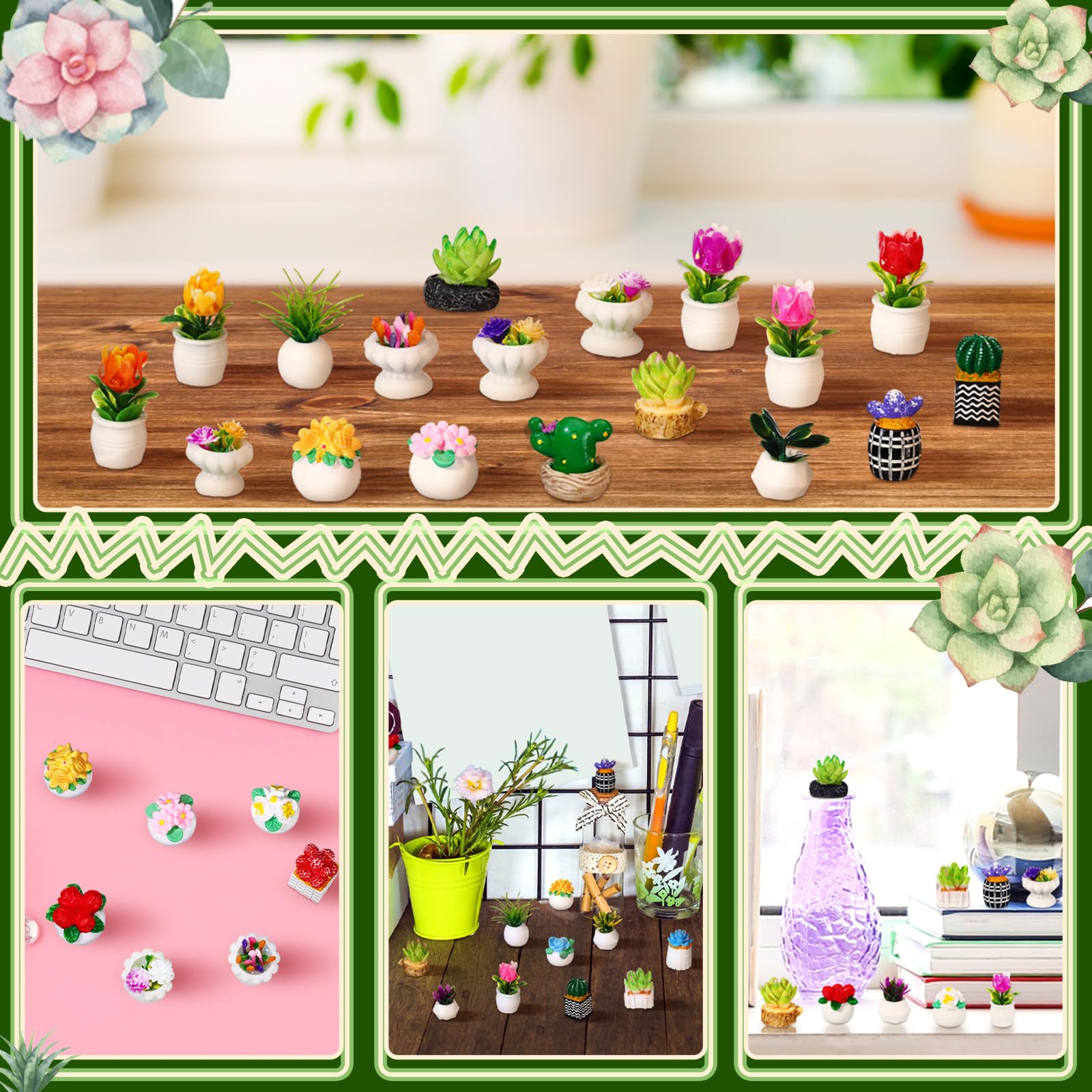 Threehoney 30-Piece Miniature Dollhouse Plants – Hand-Painted Resin Succulents & Cacti for Diorama, Bonsai, Cake Decor