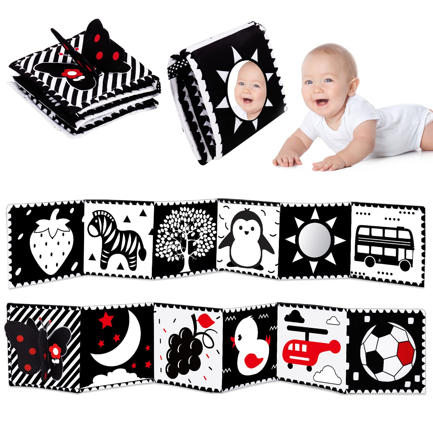 Thremhoo Black and White High Contrast Baby Toy Set - Tummy Time Soft Crinkle Book with Mirror and 3D Butterfly for Infants 0-6 Months
