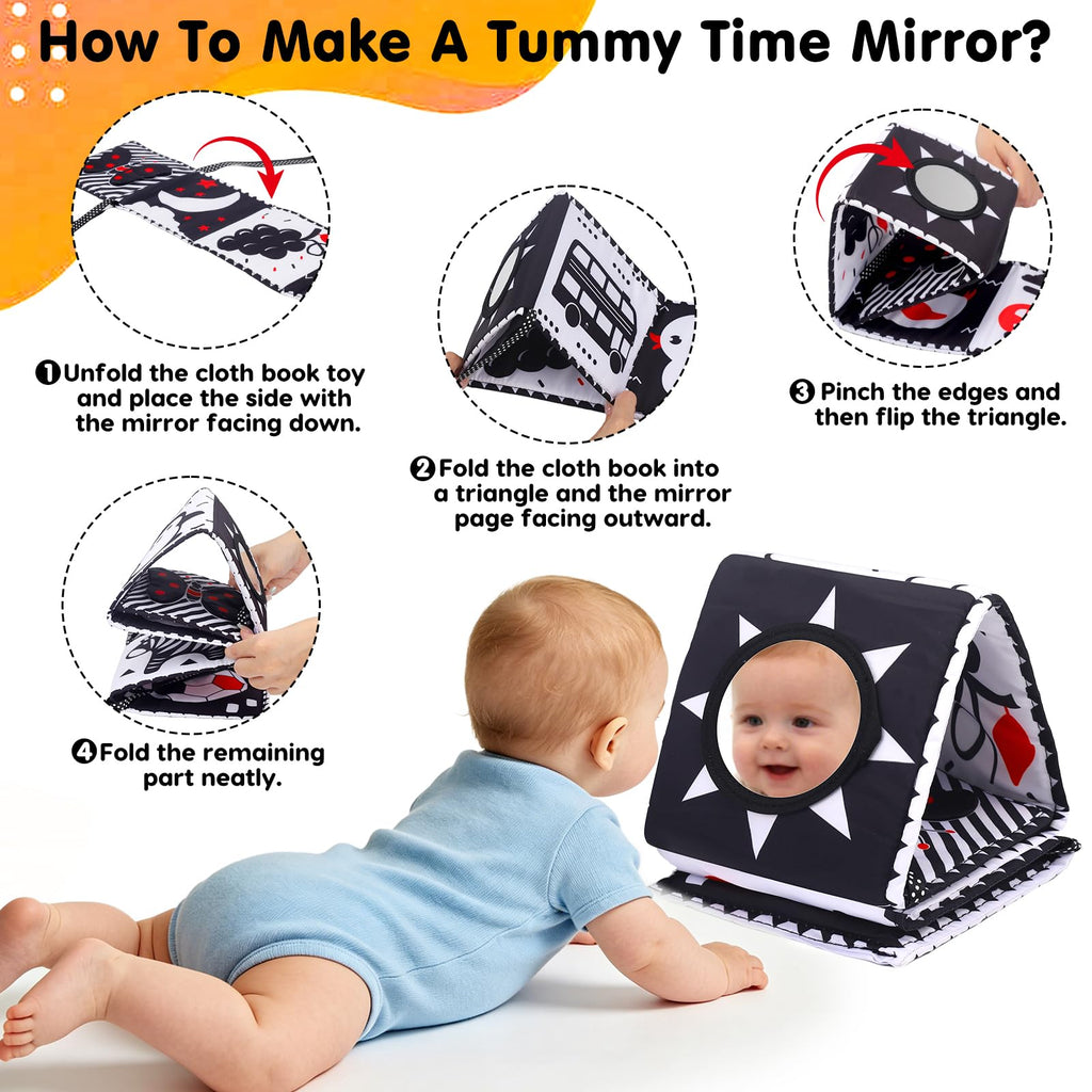 Thremhoo Black and White High Contrast Baby Toy Set - Tummy Time Soft Crinkle Book with Mirror and 3D Butterfly for Infants 0-6 Months