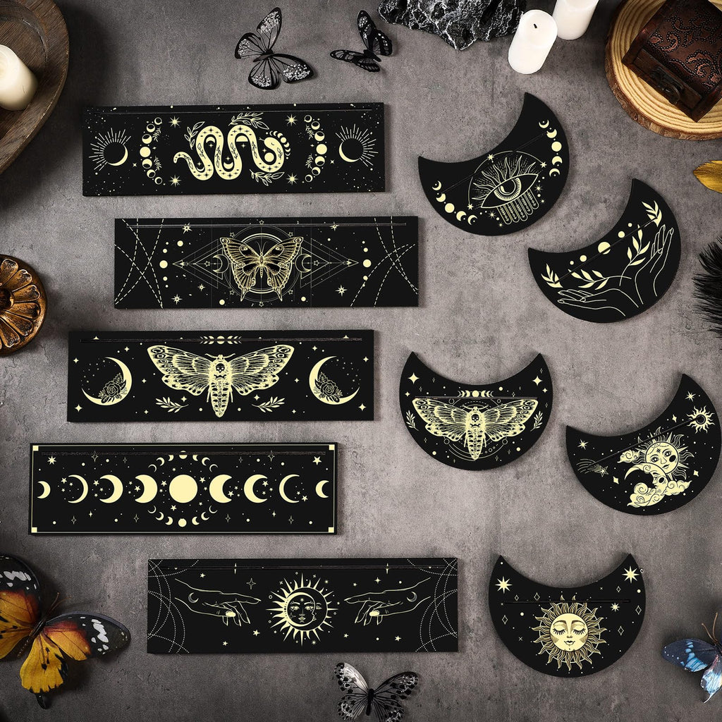 Thyle 10-Piece Black Gold Wooden Tarot Card Holder Set - Rectangular and Moon Shaped Stands for Display and Gifts