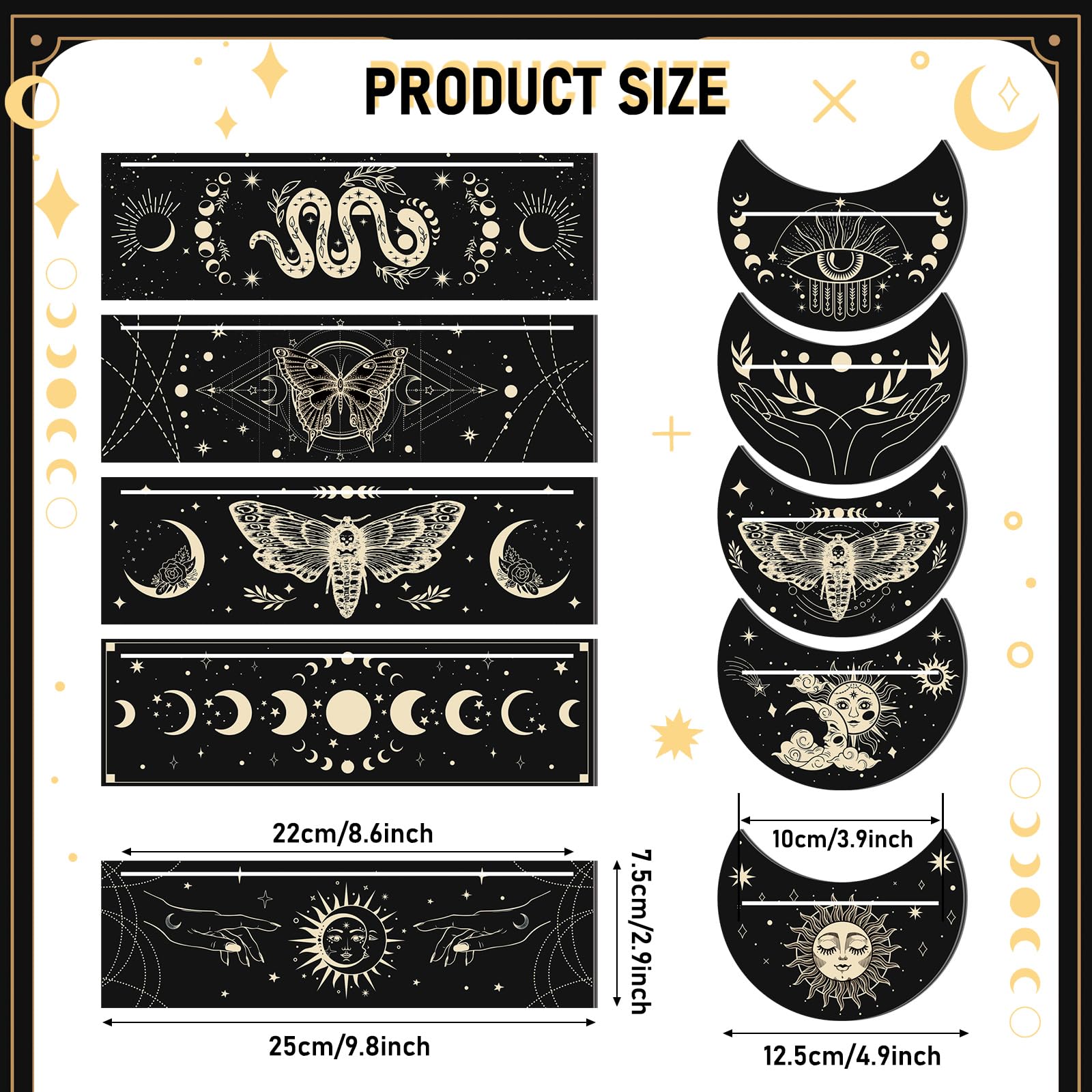 Thyle 10-Piece Black Gold Wooden Tarot Card Holder Set - Rectangular and Moon Shaped Stands for Display and Gifts
