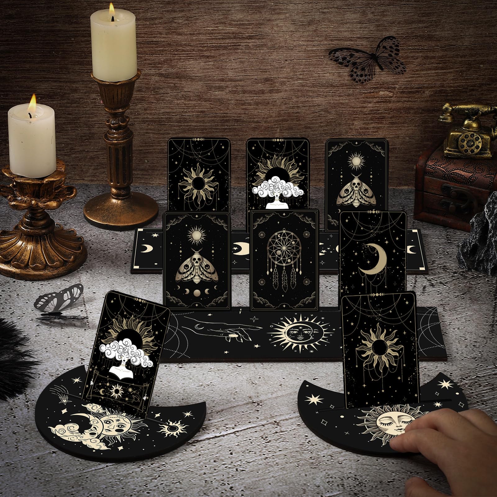 Thyle 10-Piece Black Gold Wooden Tarot Card Holder Set - Rectangular and Moon Shaped Stands for Display and Gifts