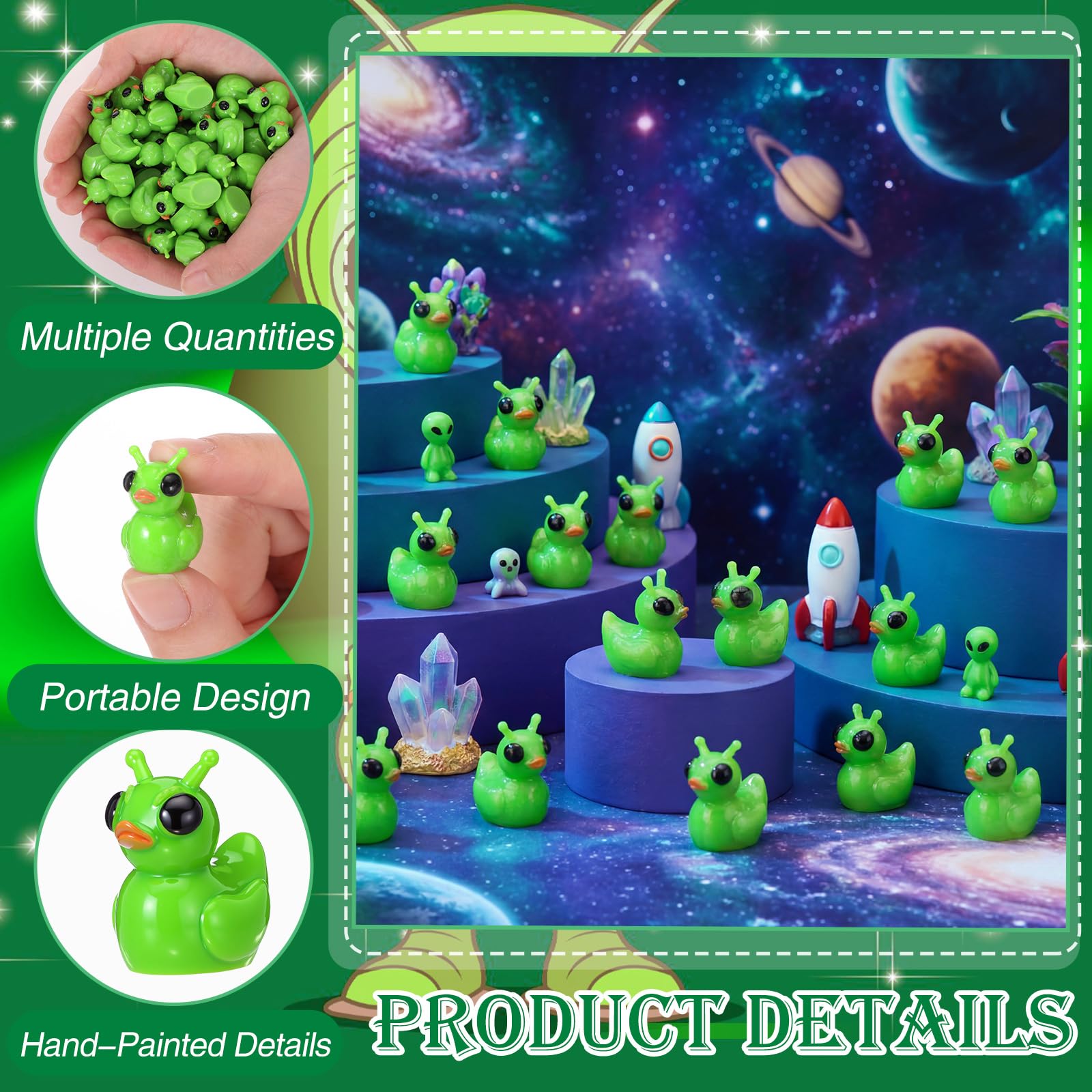 Thyle 50-Pack Mini Resin Alien Ducks – Green UFO Collectible Figures for Parties, Fairy Gardens, and Desk Decor