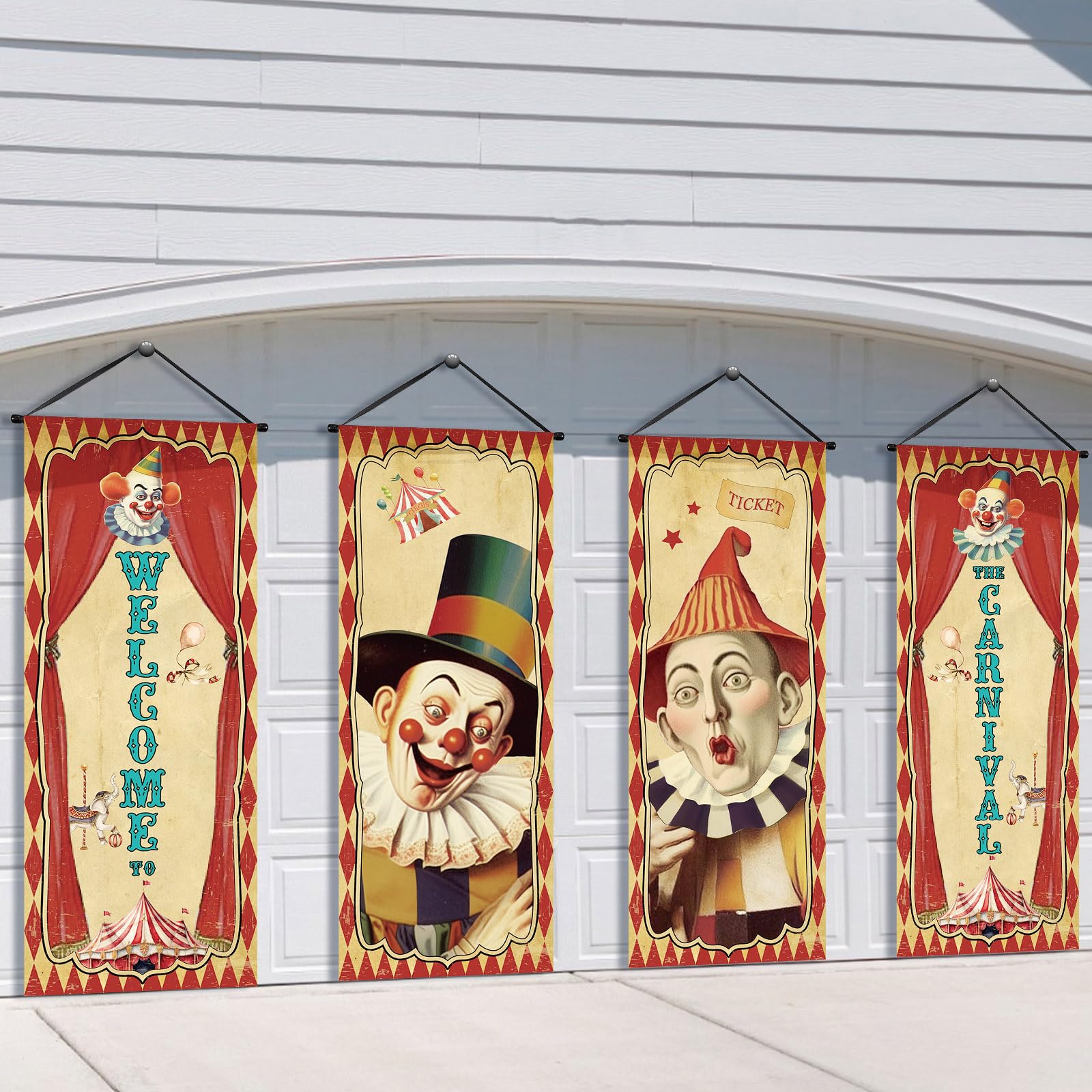 Tiamon 4-Pack Vintage Halloween Carnival Porch Banners - Retro Clown & Circus Themed Hanging Decorations for Indoor/Outdoor
