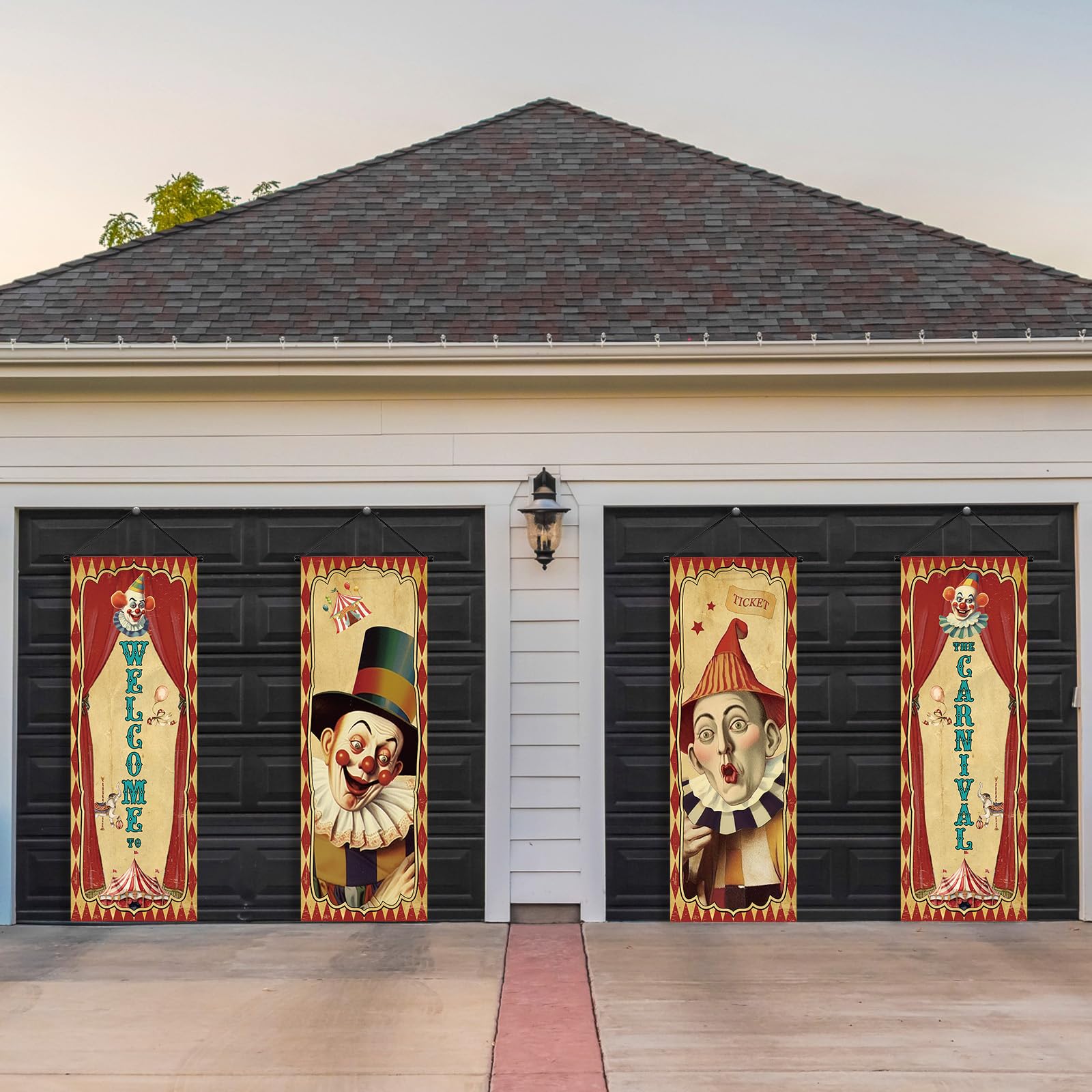 Tiamon 4-Pack Vintage Halloween Carnival Porch Banners - Retro Clown & Circus Themed Hanging Decorations for Indoor/Outdoor