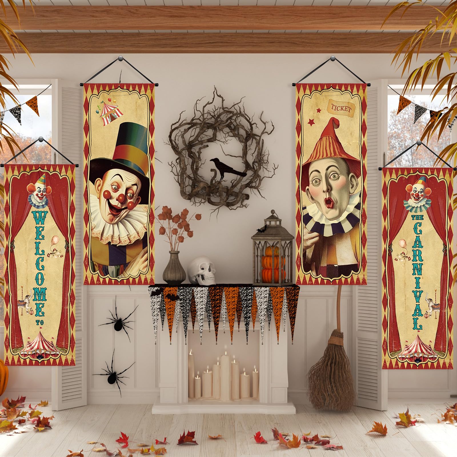 Tiamon 4-Pack Vintage Halloween Carnival Porch Banners - Retro Clown & Circus Themed Hanging Decorations for Indoor/Outdoor