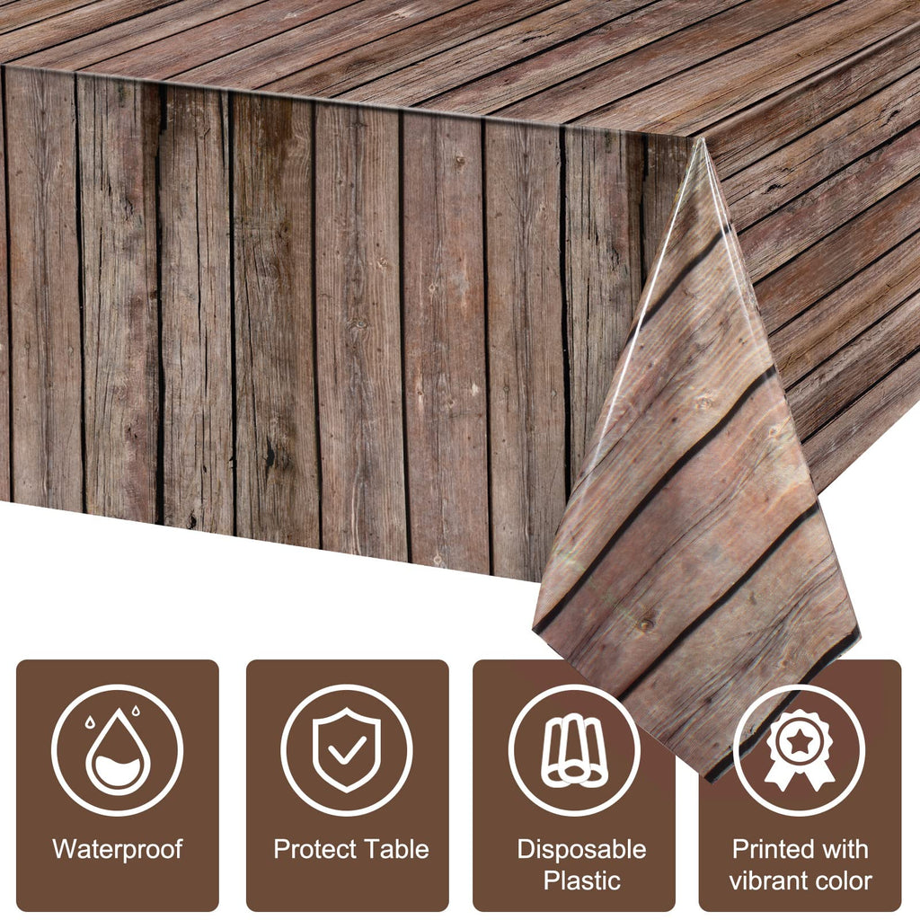 Tiamon 6-Pack Western Party Tablecloths - Plastic Cowboy Table Covers with Wood Grain Design, 54x108 Inches