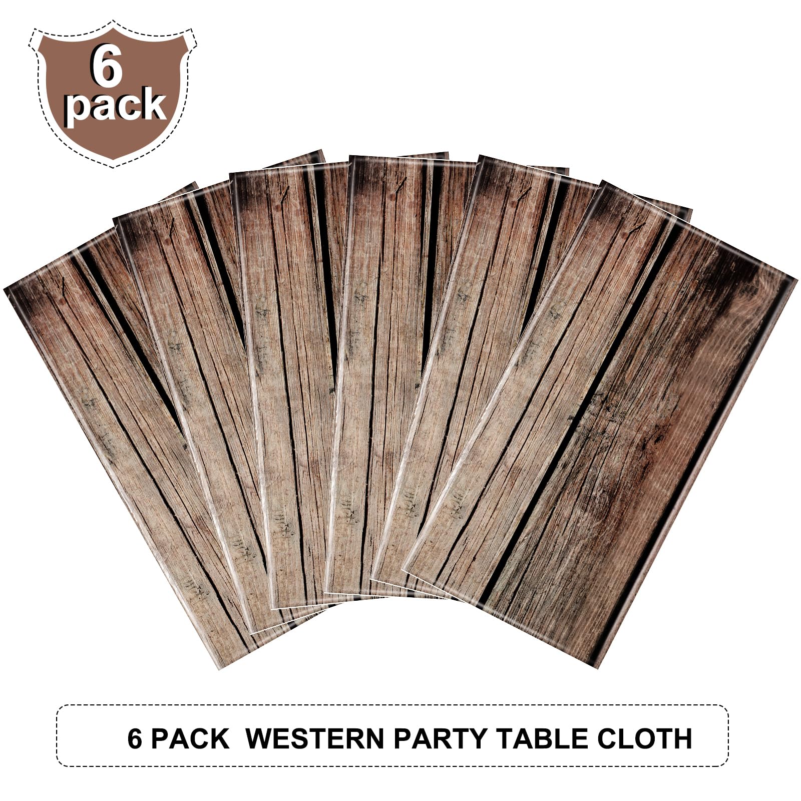 Tiamon 6-Pack Western Party Tablecloths - Plastic Cowboy Table Covers with Wood Grain Design, 54x108 Inches