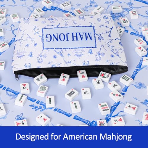 TIASUSAN Empty American Mahjong Tile Bag – White Printed Carry Case for 166 Tiles and Accessories (Bag Only)