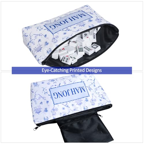 TIASUSAN Empty American Mahjong Tile Bag – White Printed Carry Case for 166 Tiles and Accessories (Bag Only)