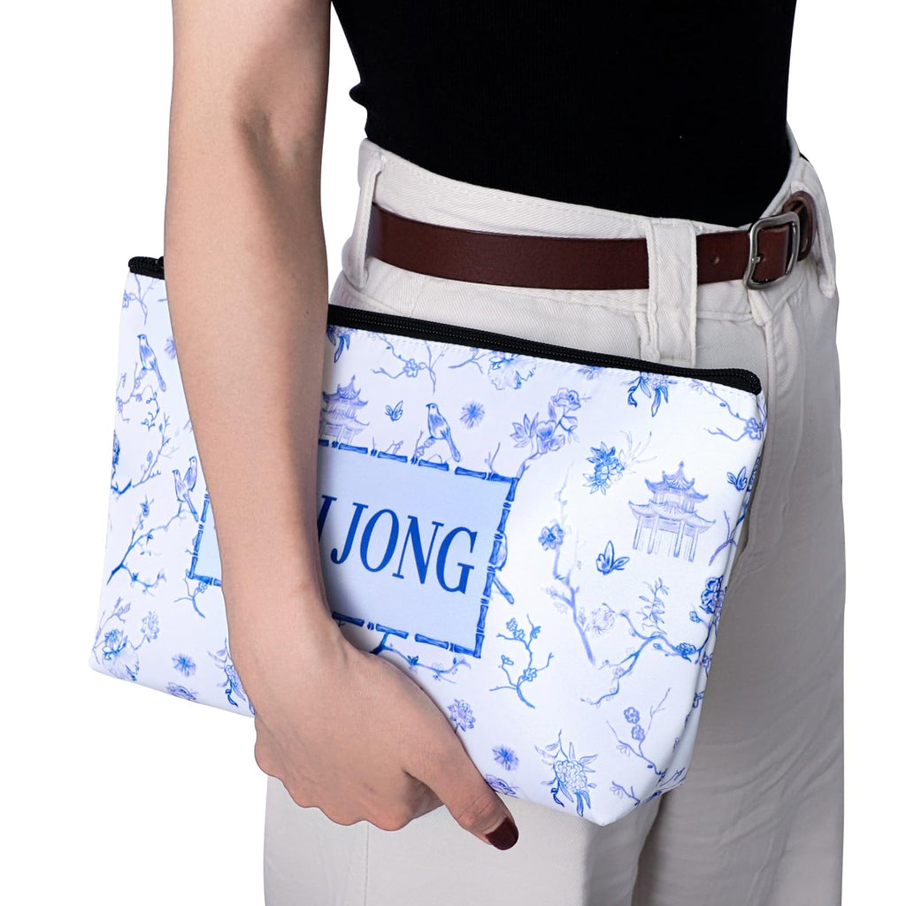 TIASUSAN Empty American Mahjong Tile Bag – White Printed Carry Case for 166 Tiles and Accessories (Bag Only)