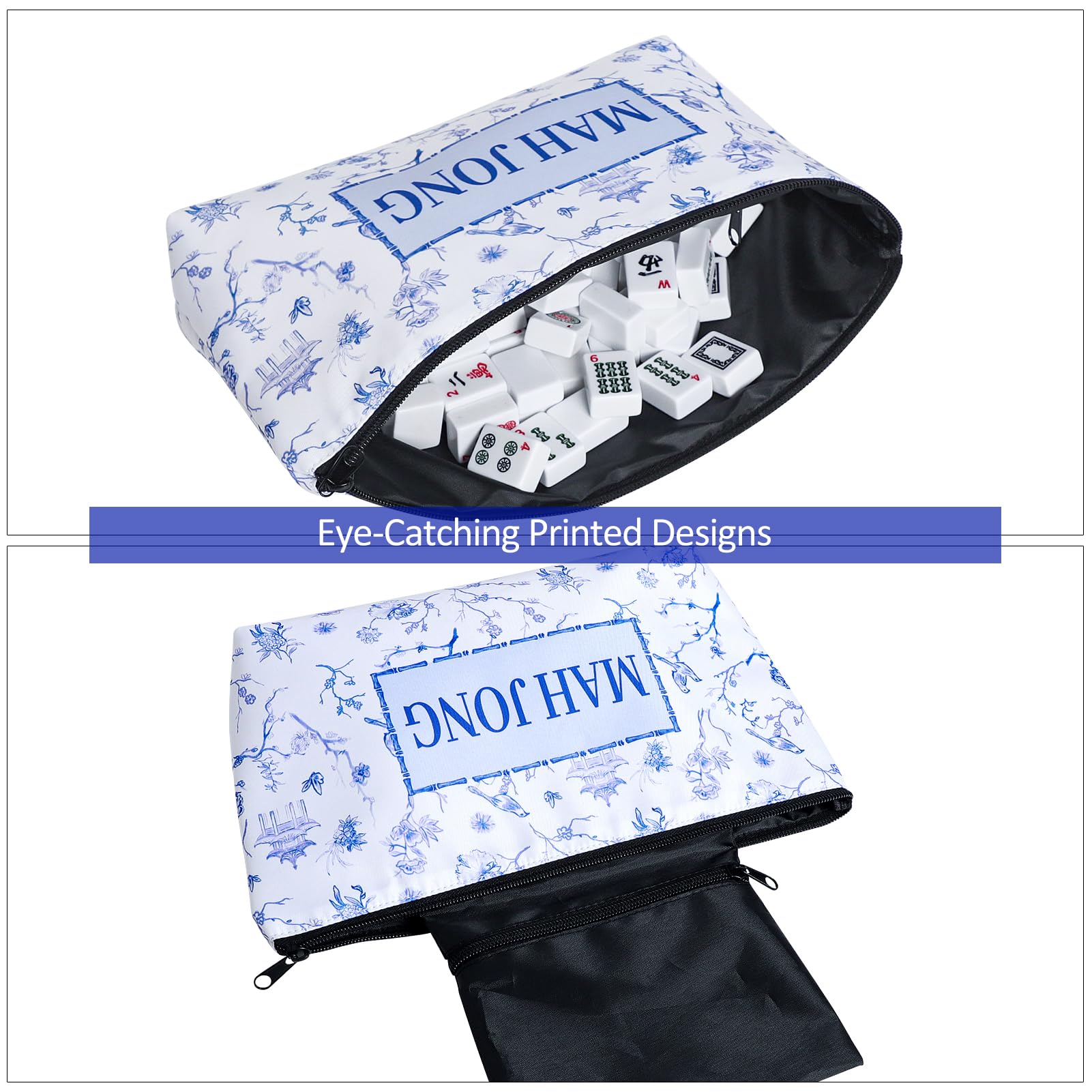 TIASUSAN Empty American Mahjong Tile Bag – White Printed Carry Case for 166 Tiles and Accessories (Bag Only)